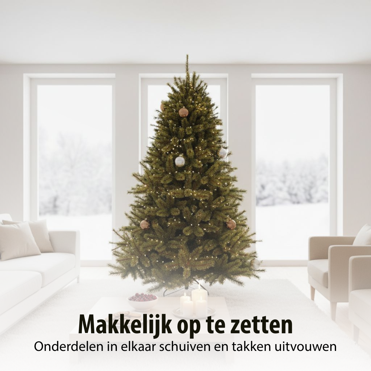 Un sapin de Noël décoré se trouve dans une pièce lumineuse. Des ornements et des lumières ornent l'arbre. Un texte dit 'Facile à installer'.