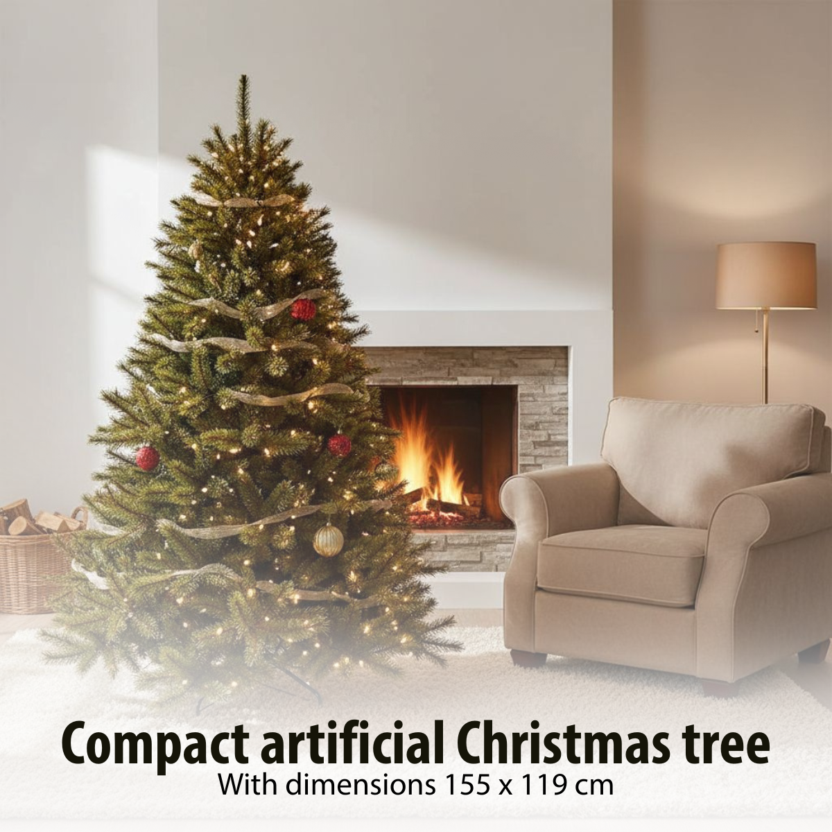 Un sapin de Noël décoré se dresse devant une cheminée, avec un fauteuil beige sur un tapis blanc. Une lampe est allumée à droite.