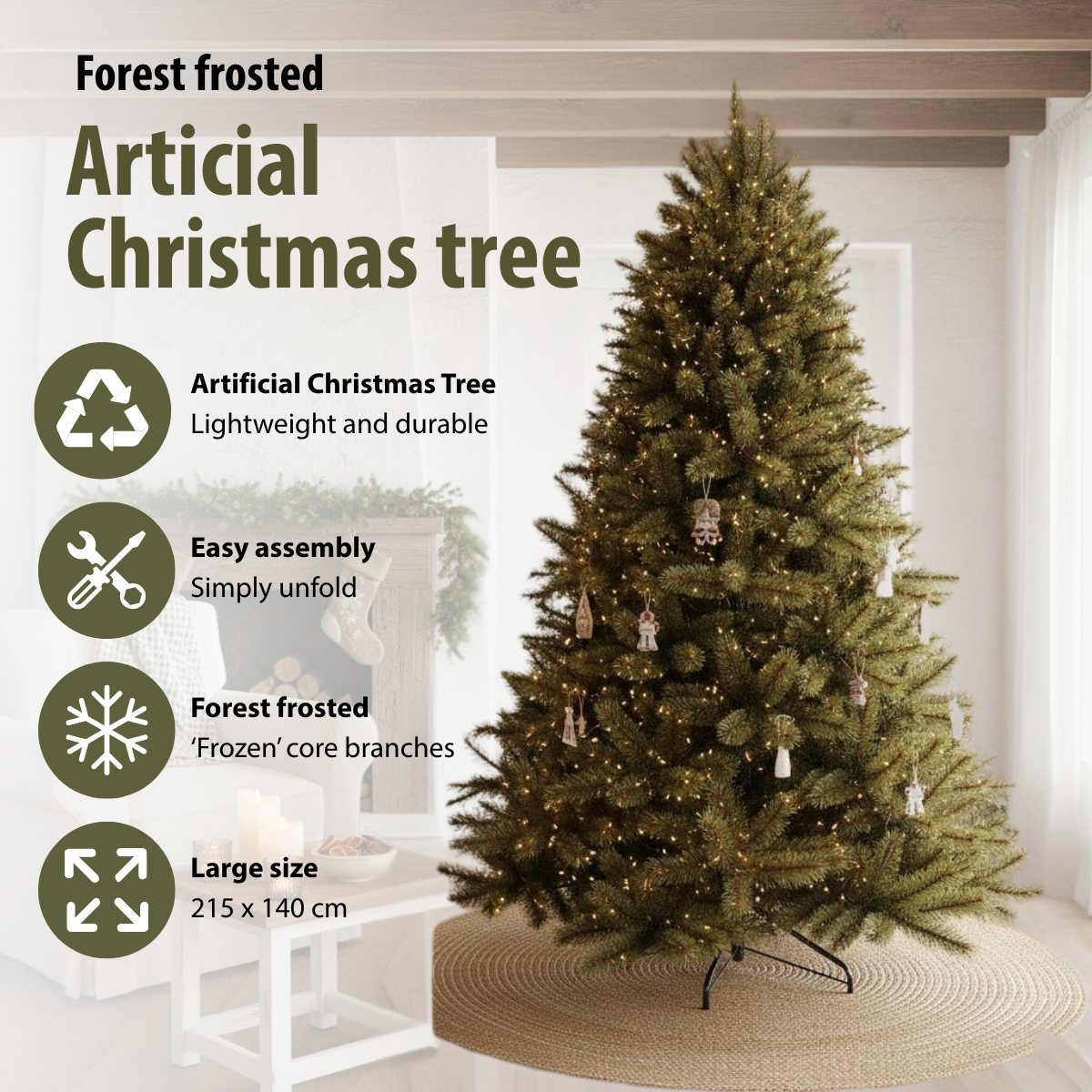 An artificial frosted Christmas tree with lights and ornaments stands on a round rug. Text highlights features.