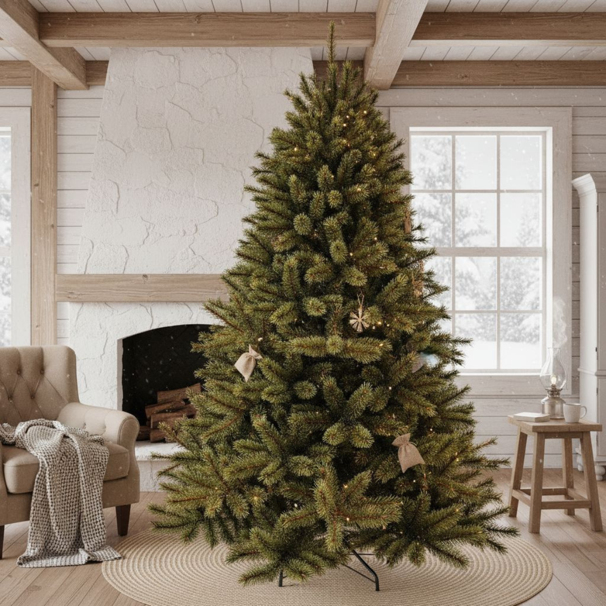A decorated Christmas tree stands in a cozy room. A fireplace, armchair, and window with a snowy view are also visible.
