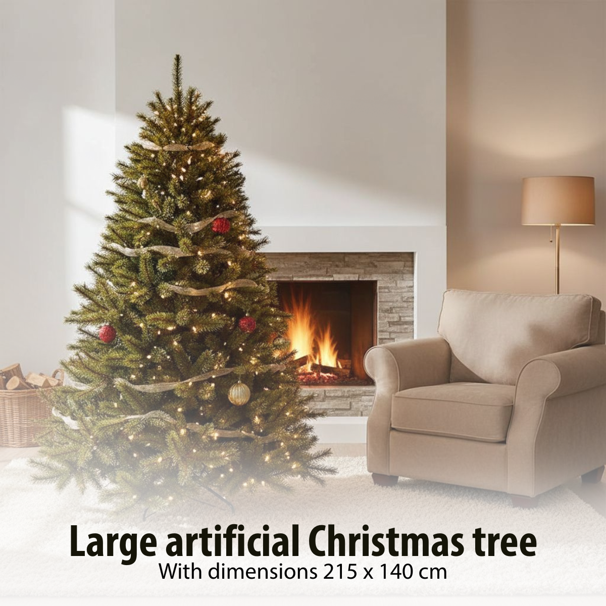 A decorated Christmas tree with lights stands near a fireplace with a lit fire. A beige armchair and lamp are also in the room.