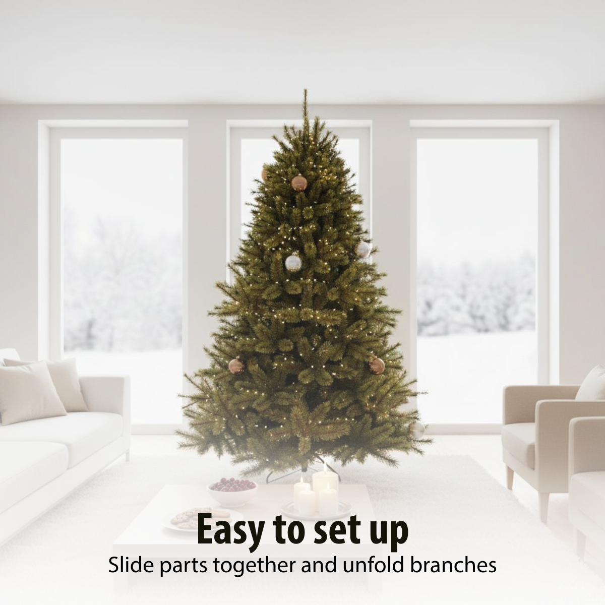 A decorated Christmas tree in a modern living room. Ornaments and lights on the tree. Text says 'Easy to set up'.