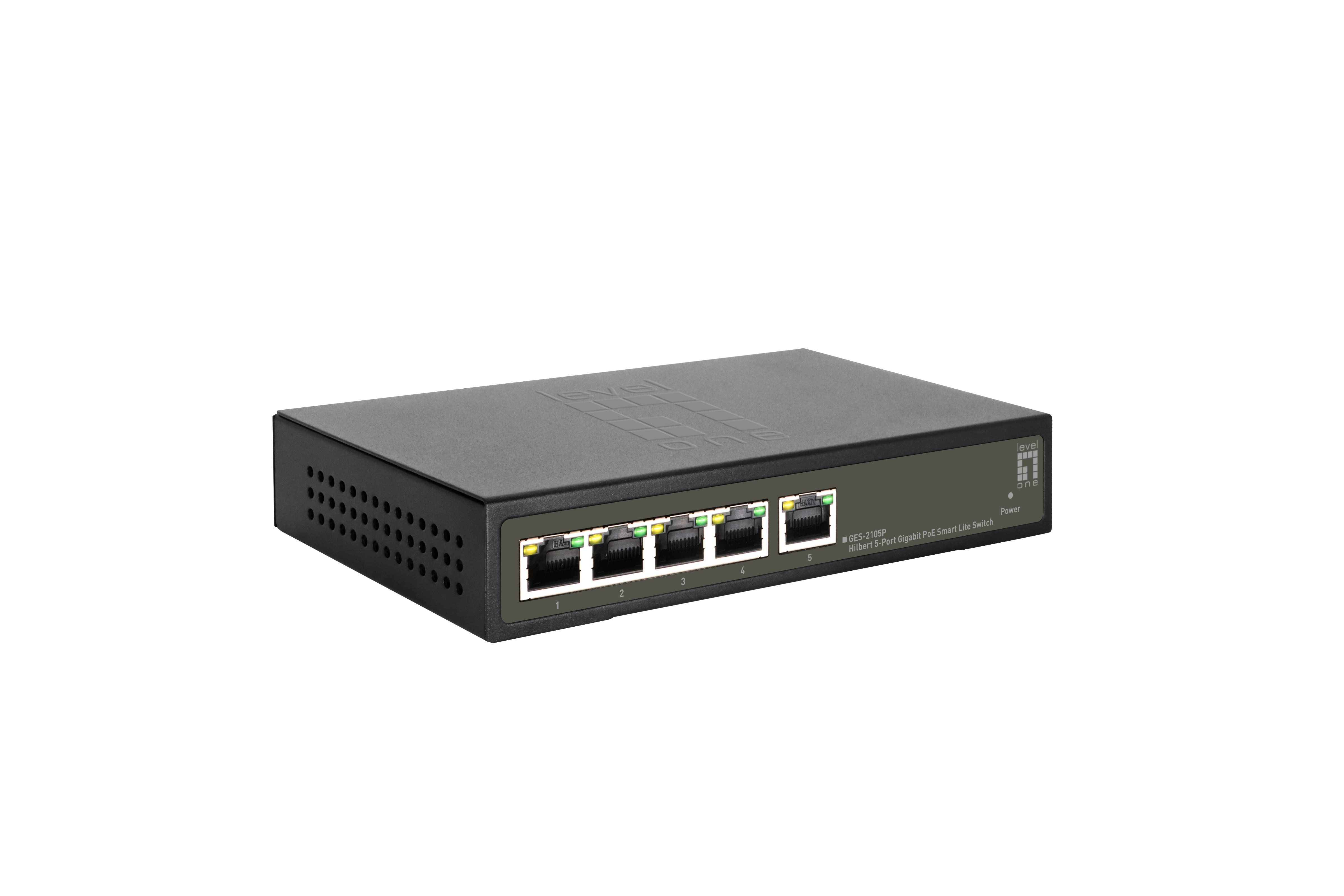 Uno switch di rete LevelOne nero con cinque porte. Lo switch è su sfondo bianco.