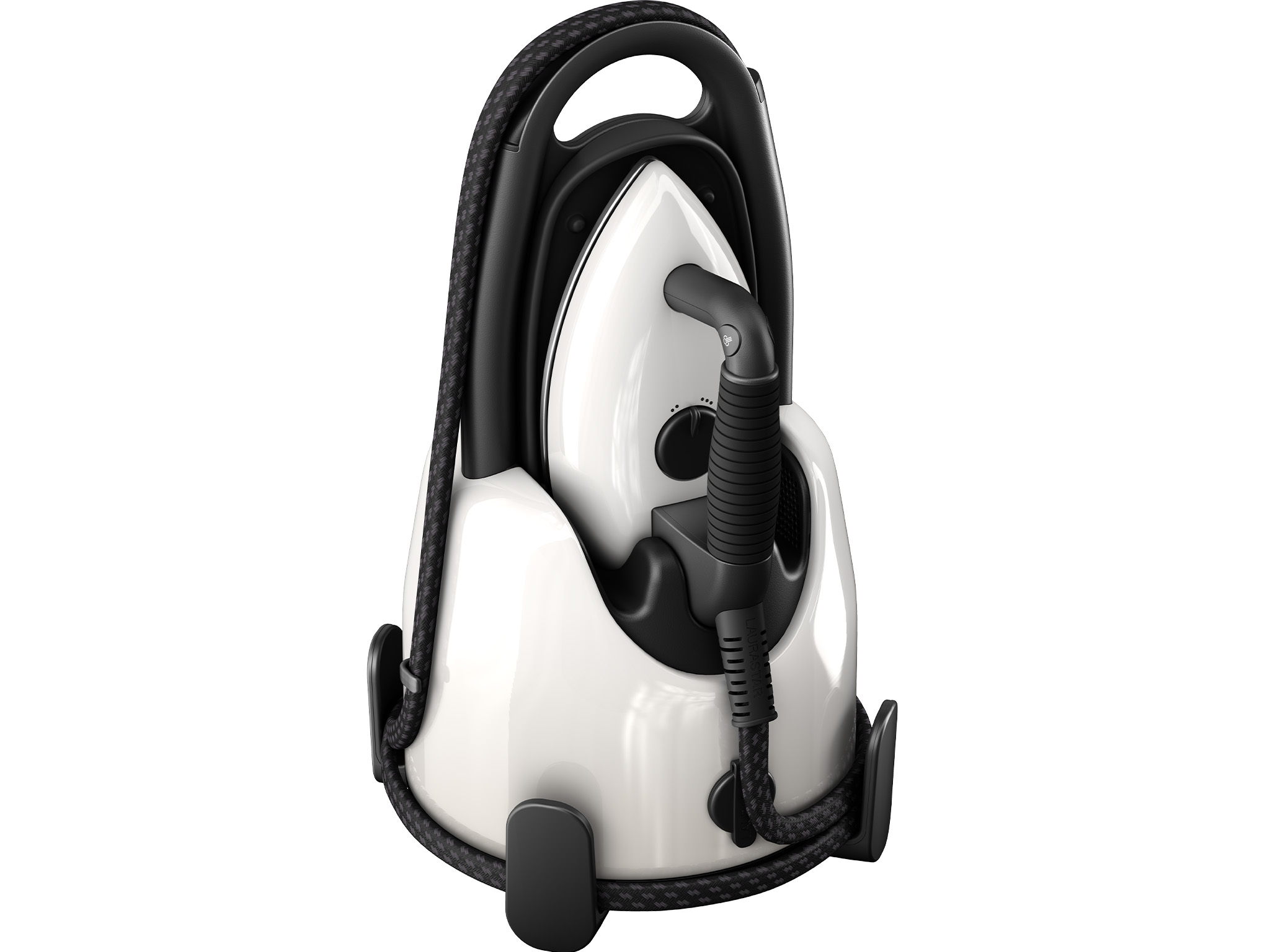 A white and black steam iron in its stand. The iron is white, and the stand and cord are black, set against a white background.