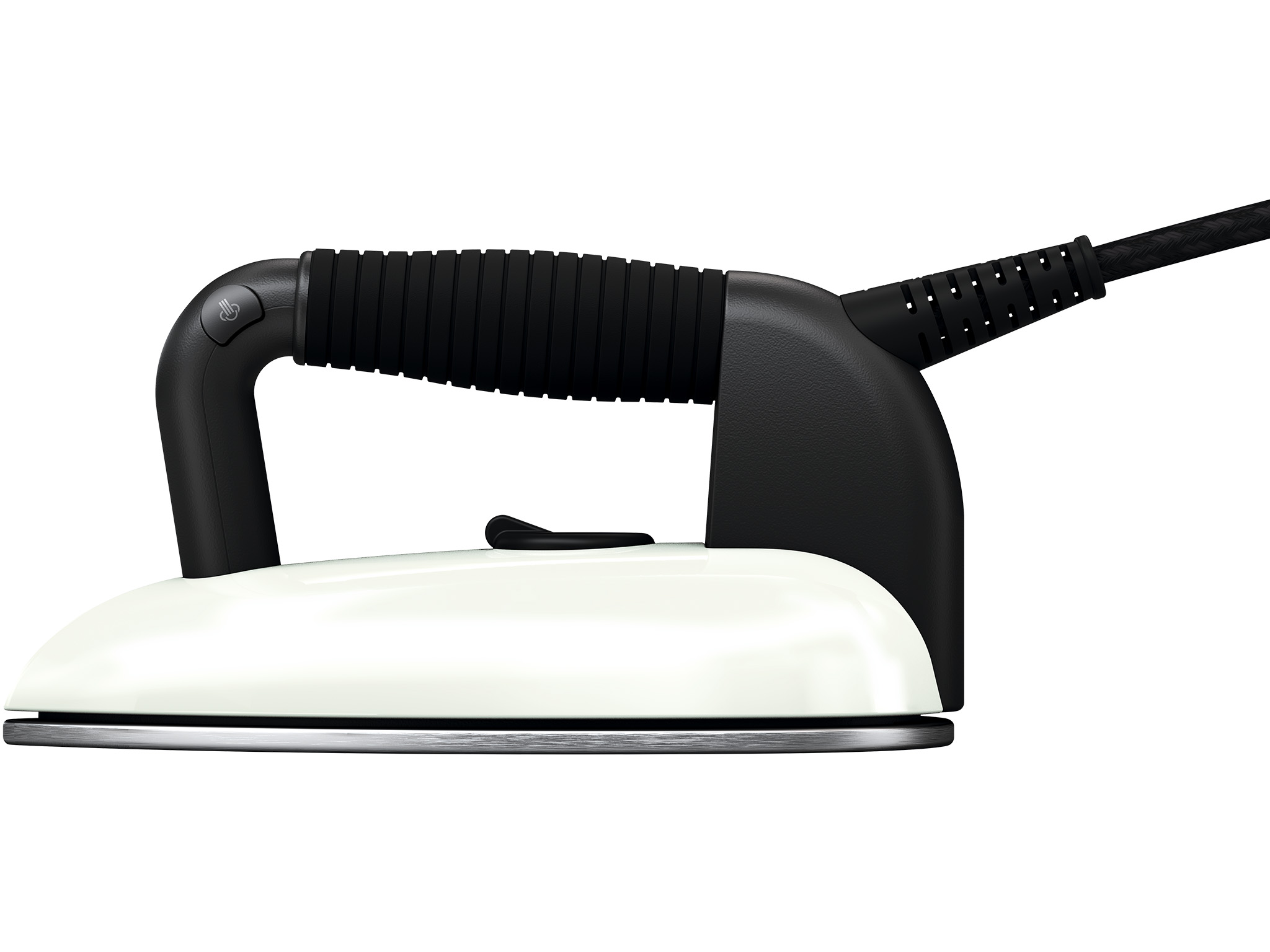 A white and black iron on a white background. The iron has a black handle and a black power cord.