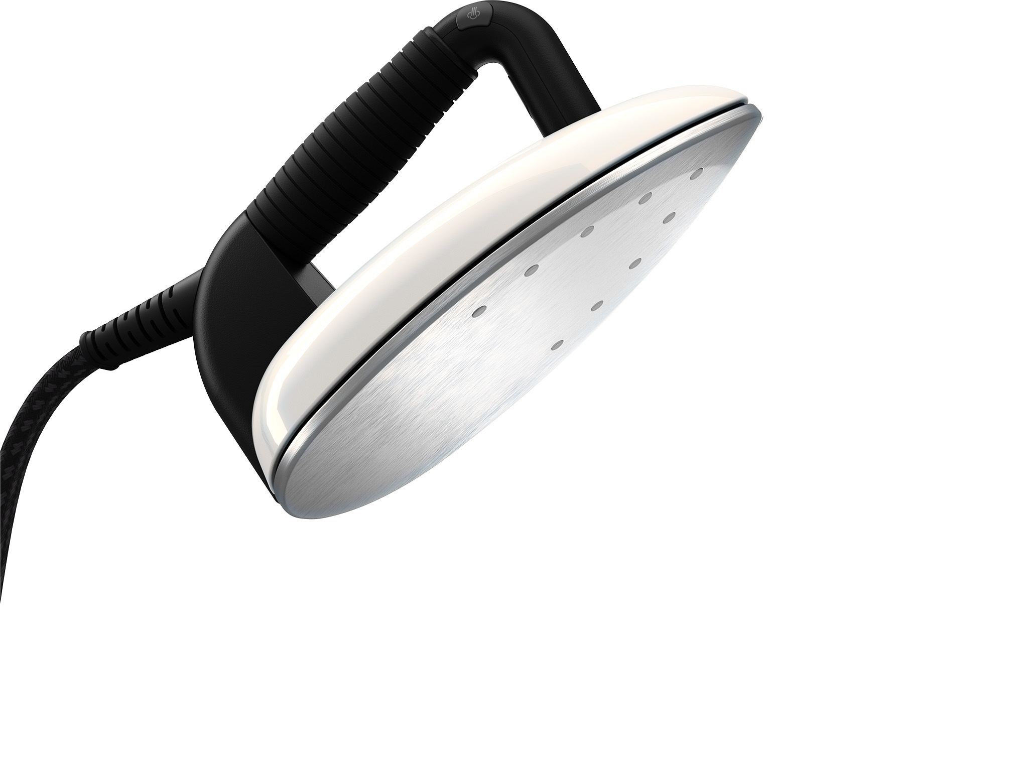 A modern iron with a black handle and white top on a white background. The iron's soleplate is silver.