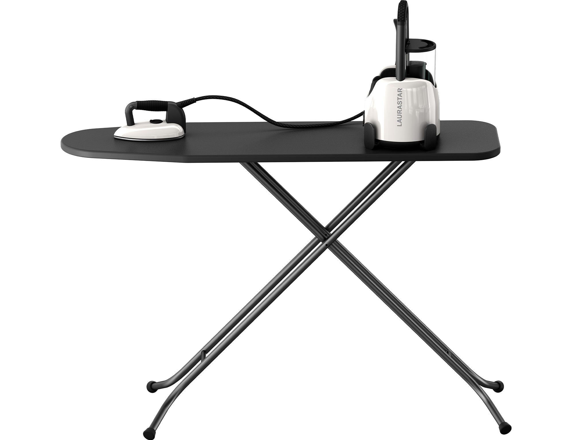 An iron and steamer on a black ironing board with a metal frame. The iron is white and black. The steamer is white.