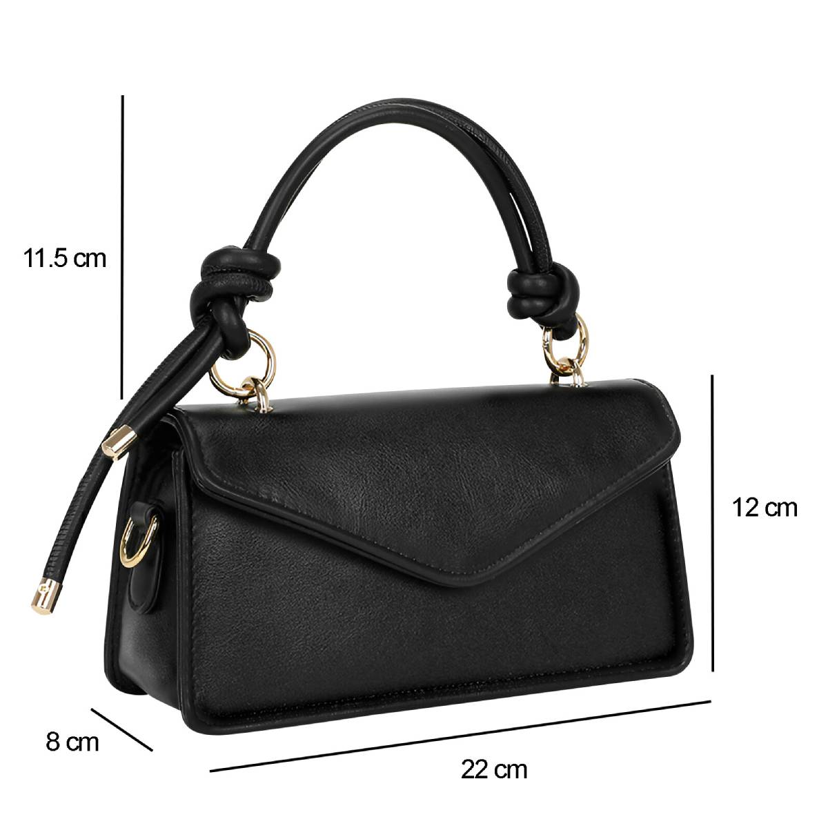 Eine schwarze Handtasche mit Griff. Abmessungen: 22 cm lang, 8 cm breit, 12 cm hoch, und der Griff ist 11,5 cm.