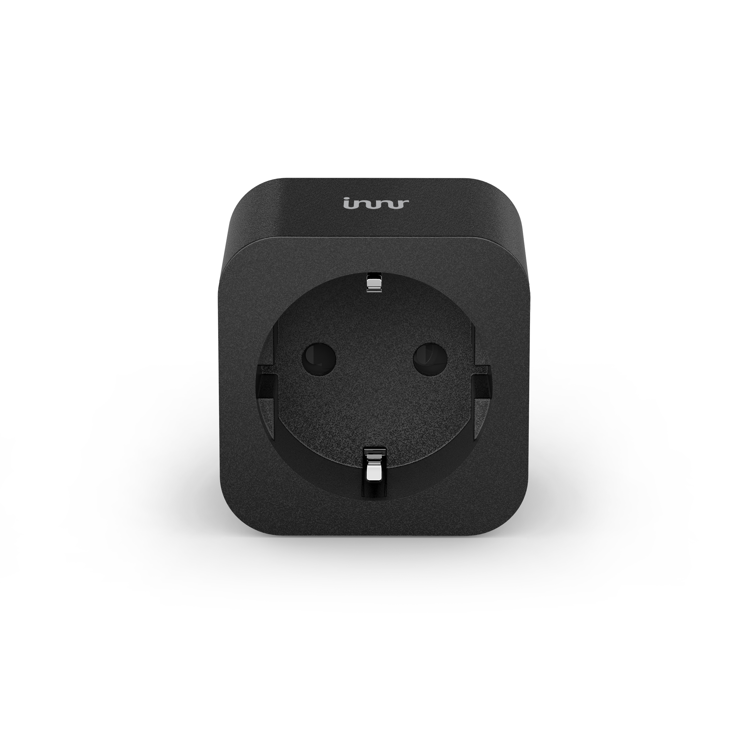 Black square power adapter with two holes and a grounding pin. The logo "innr" is visible.