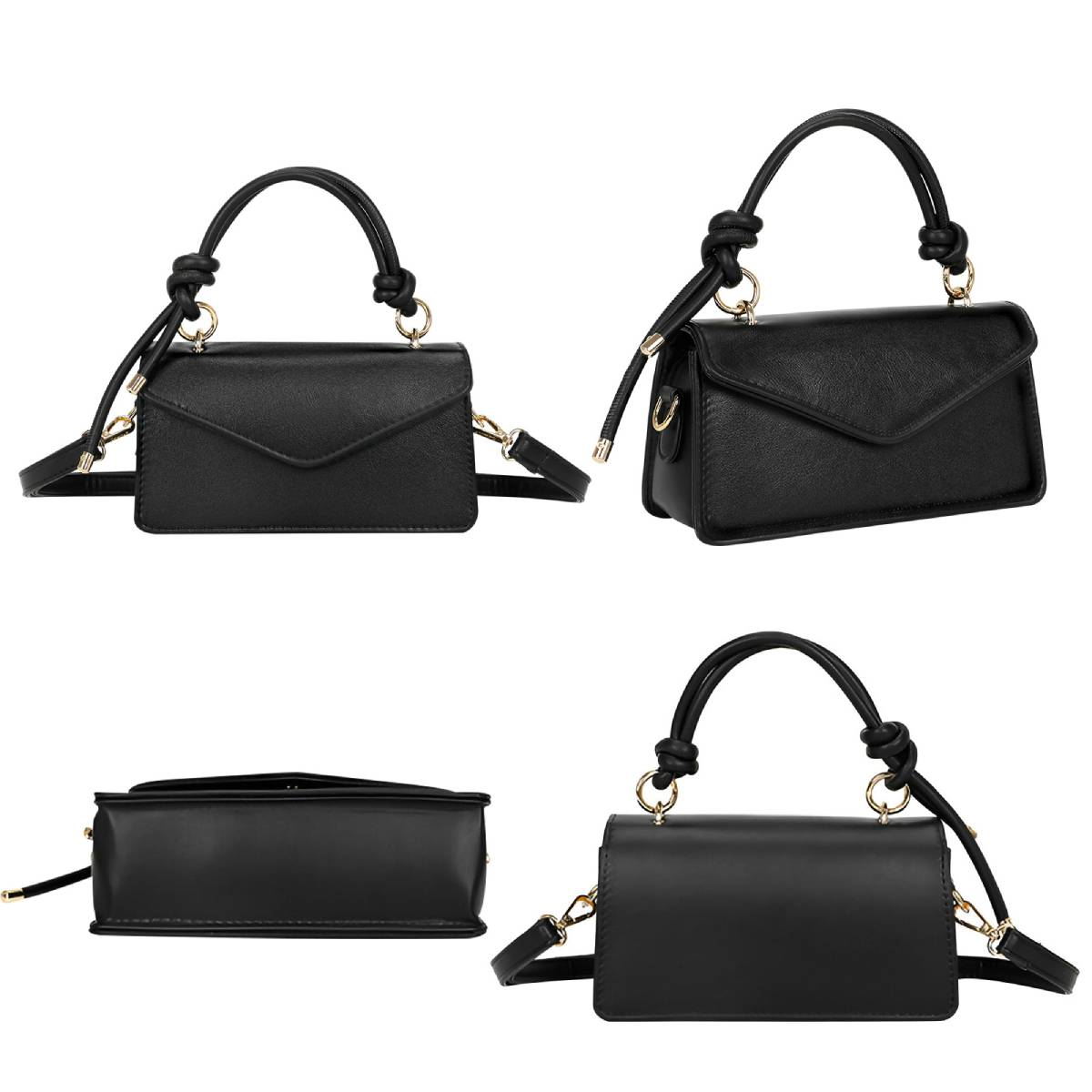 Vier Ansichten einer schwarzen Handtasche mit Henkel und Schulterriemen. Die Tasche hat einen Klappenverschluss und goldfarbene Beschläge.