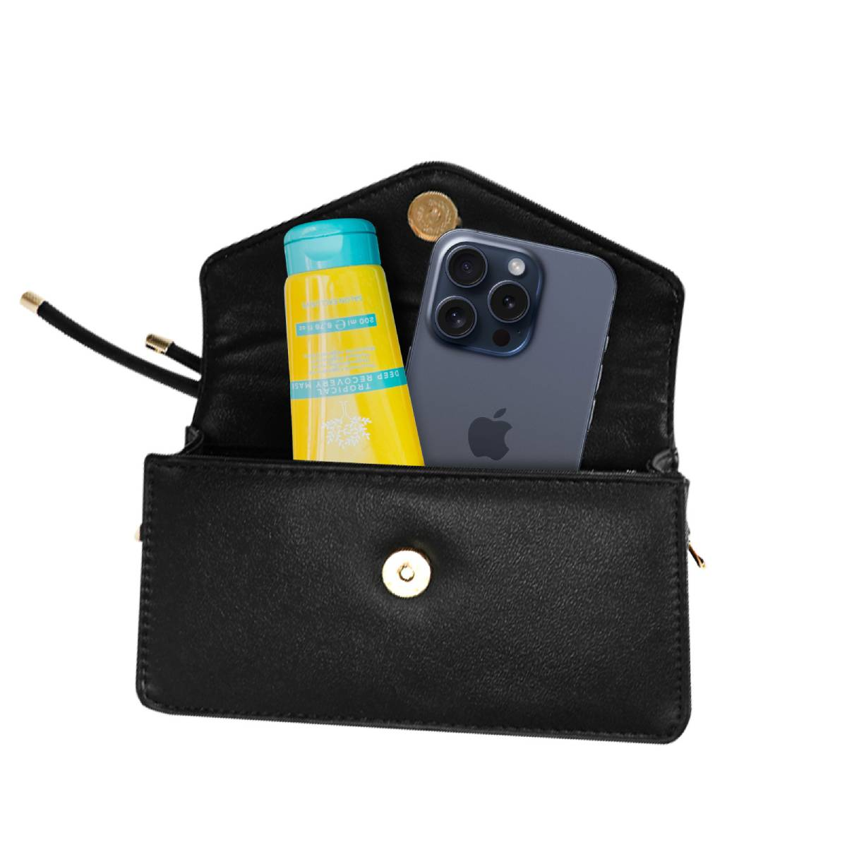 Geöffnete schwarze Handtasche mit Handy, gelber Tube und Münze. Das Handy hat eine Kamera und die Tube ist beschriftet.