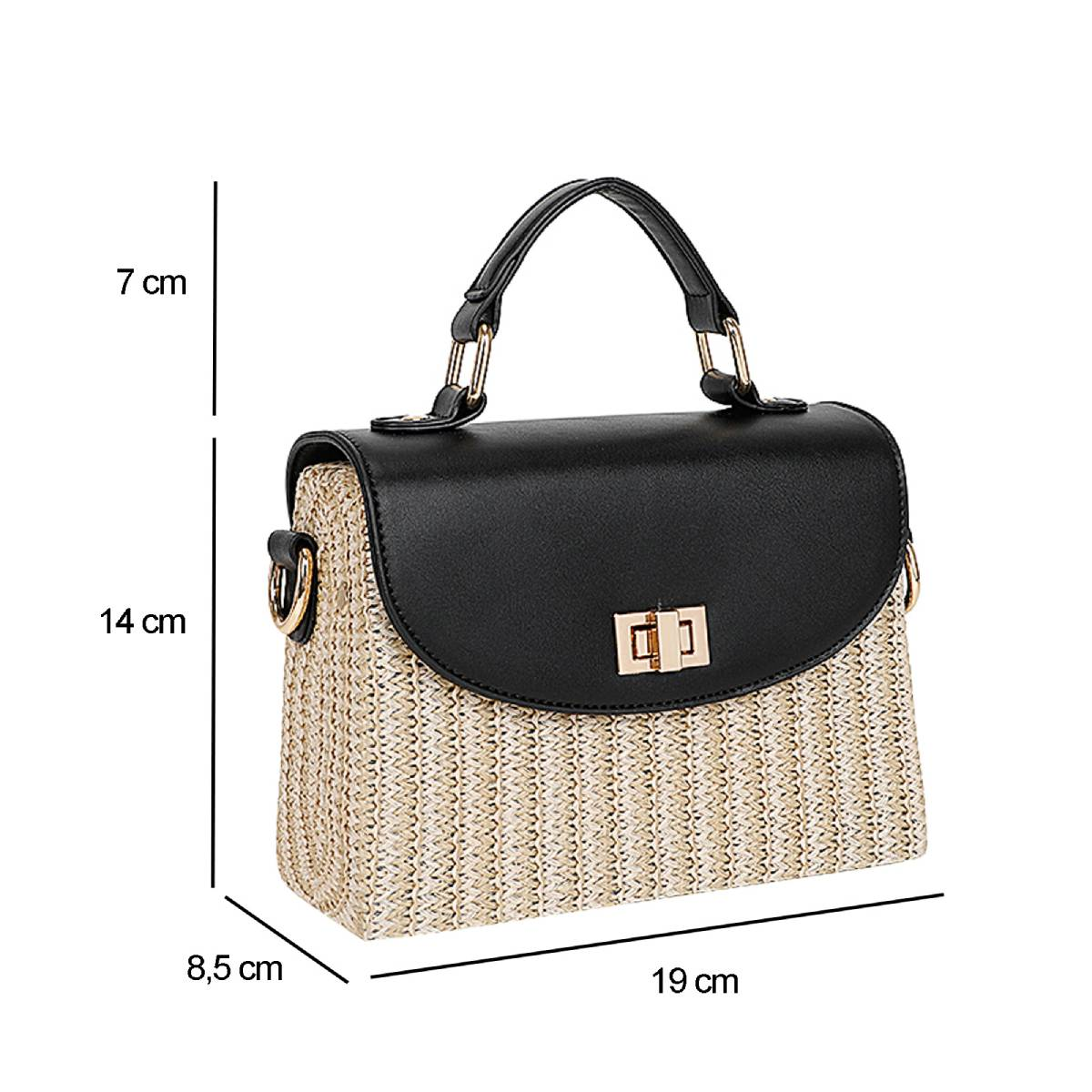 Eine stilvolle Handtasche. Sie hat einen schwarzen Oberteil und Griff, einen gewebten beigefarbenen Boden und goldfarbene Akzente. Abmessungen sind angegeben.