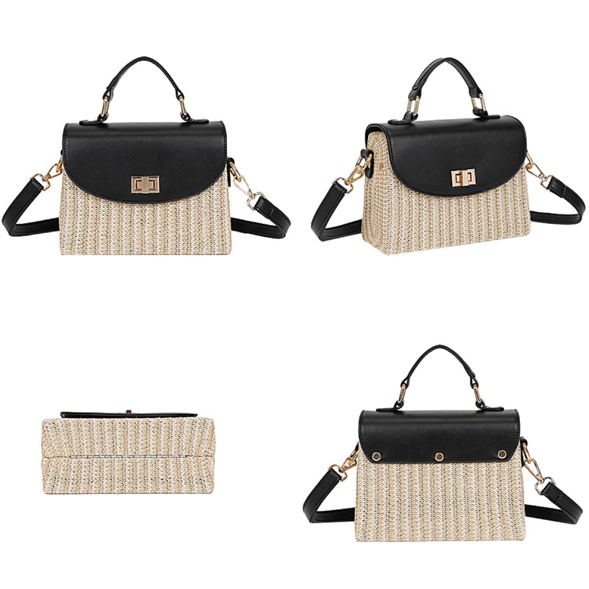 Vier Bilder einer Handtasche. Sie hat eine schwarze Klappe und einen Griff, einen beigefarbenen gewebten Körper und einen goldfarbenen Kettenriemen.