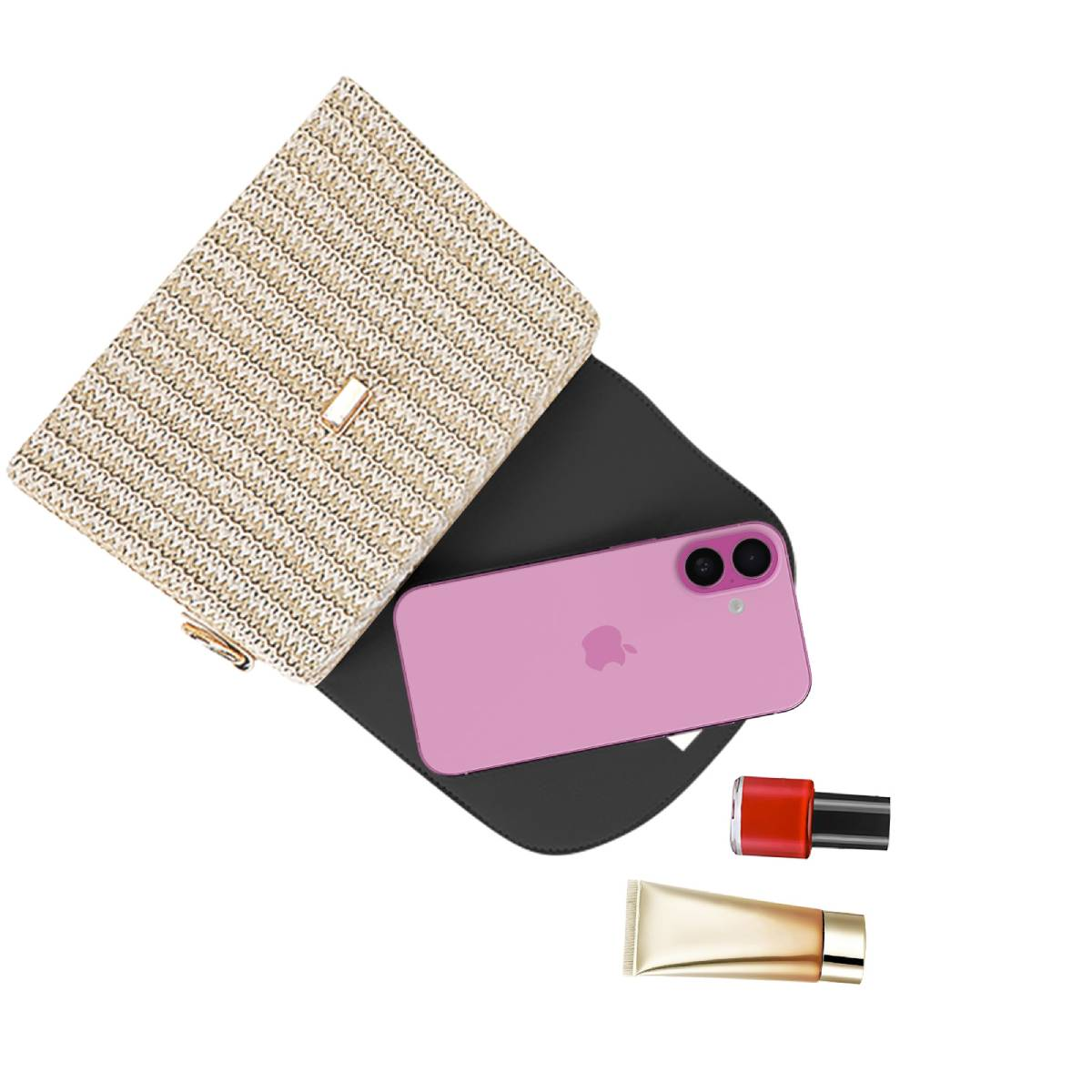 Eine beige gewebte Handtasche, ein rosa Telefon, roter Nagellack und eine goldene Kosmetiktube liegen auf schwarzem Untergrund.