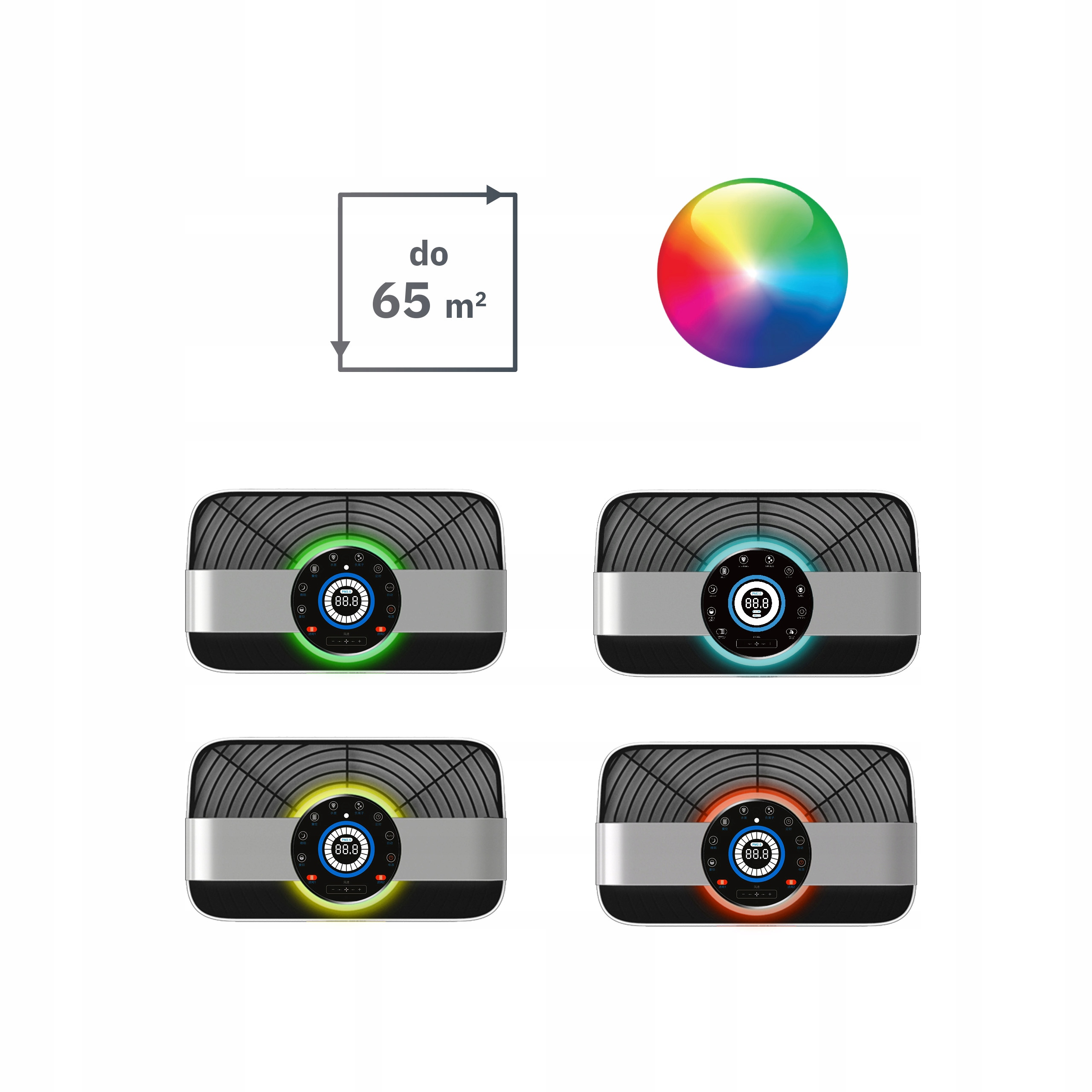Obraz przedstawia oczyszczacze powietrza z kolorowymi światłami. Widoczne również koło kolorów i tekst wskazujący zasięg do 65 m².