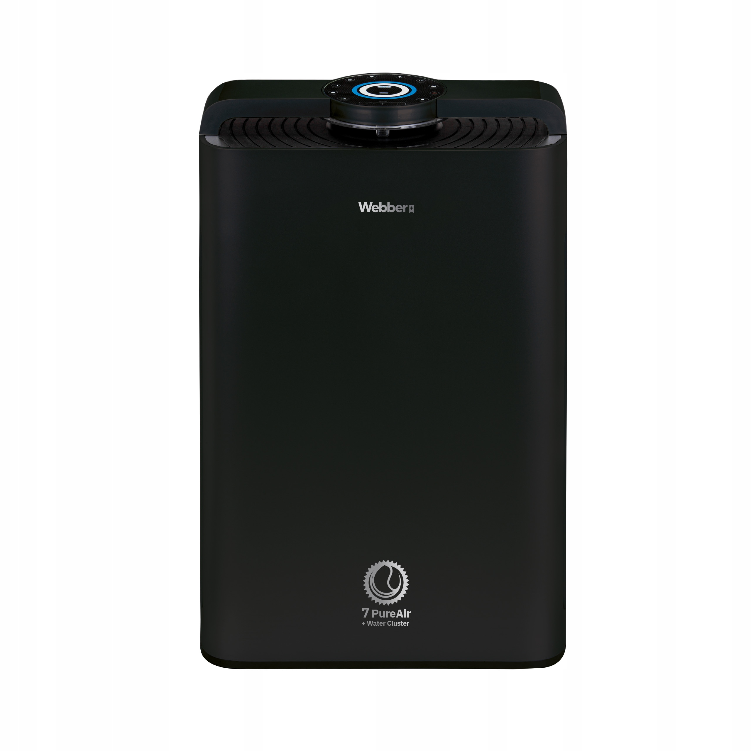 Czarny oczyszczacz powietrza Webber. Ma panel sterowania na górze. Model to 7 PureAir.