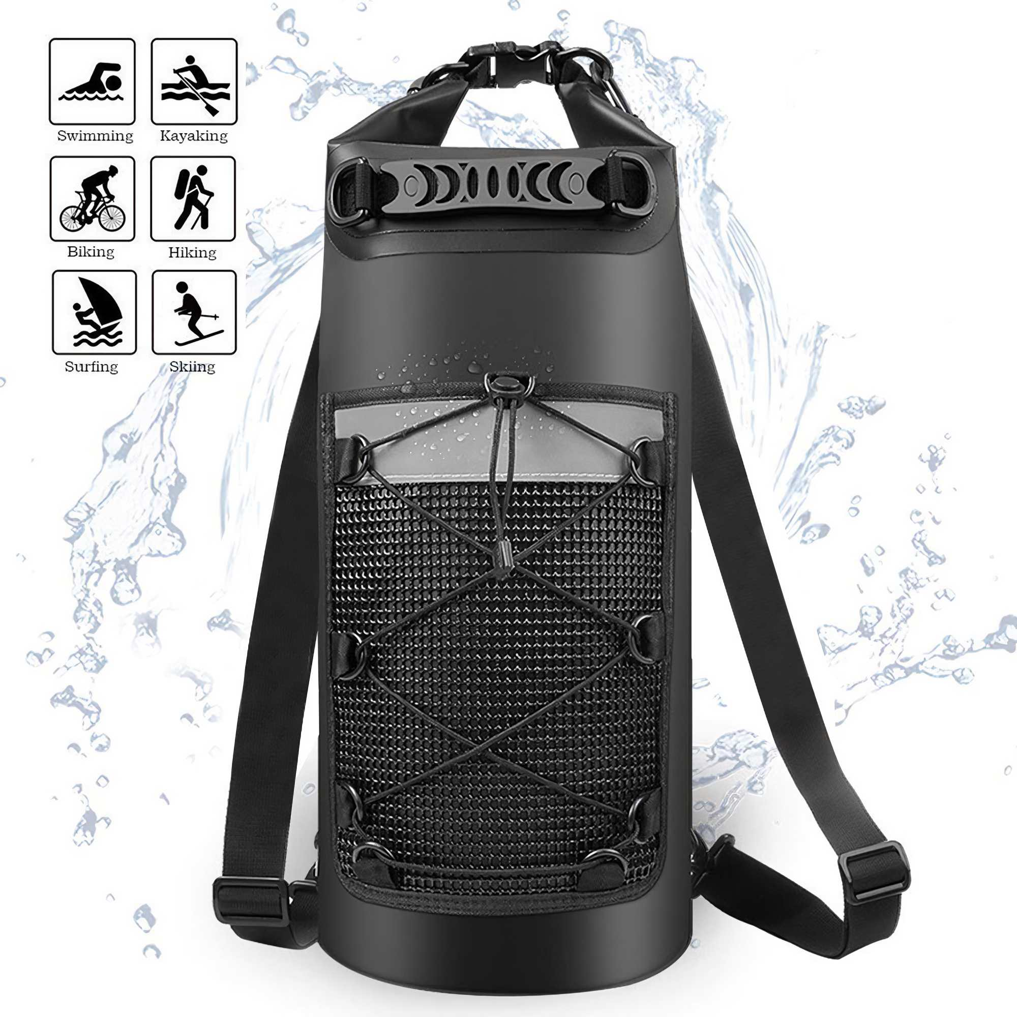 Schwarzer wasserdichter Rucksack mit Wasserspritzeffekt, Icons für sportliche Aktivitäten. Front hat Netztasche und Riemen.