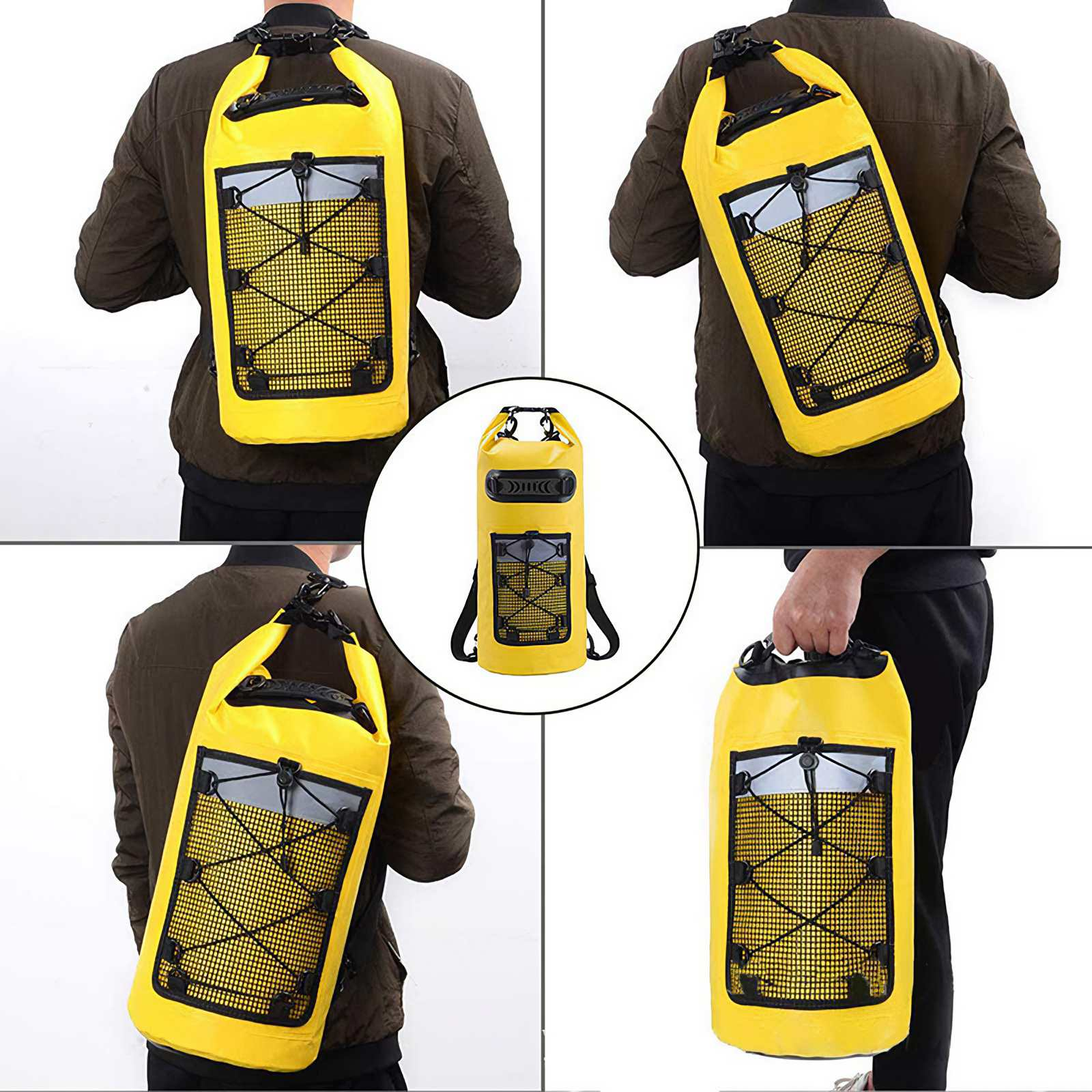 Gelbe wasserdichte Tasche mit schwarzem Netz und Trägern. Als Rucksack getragen und in der Hand gehalten.