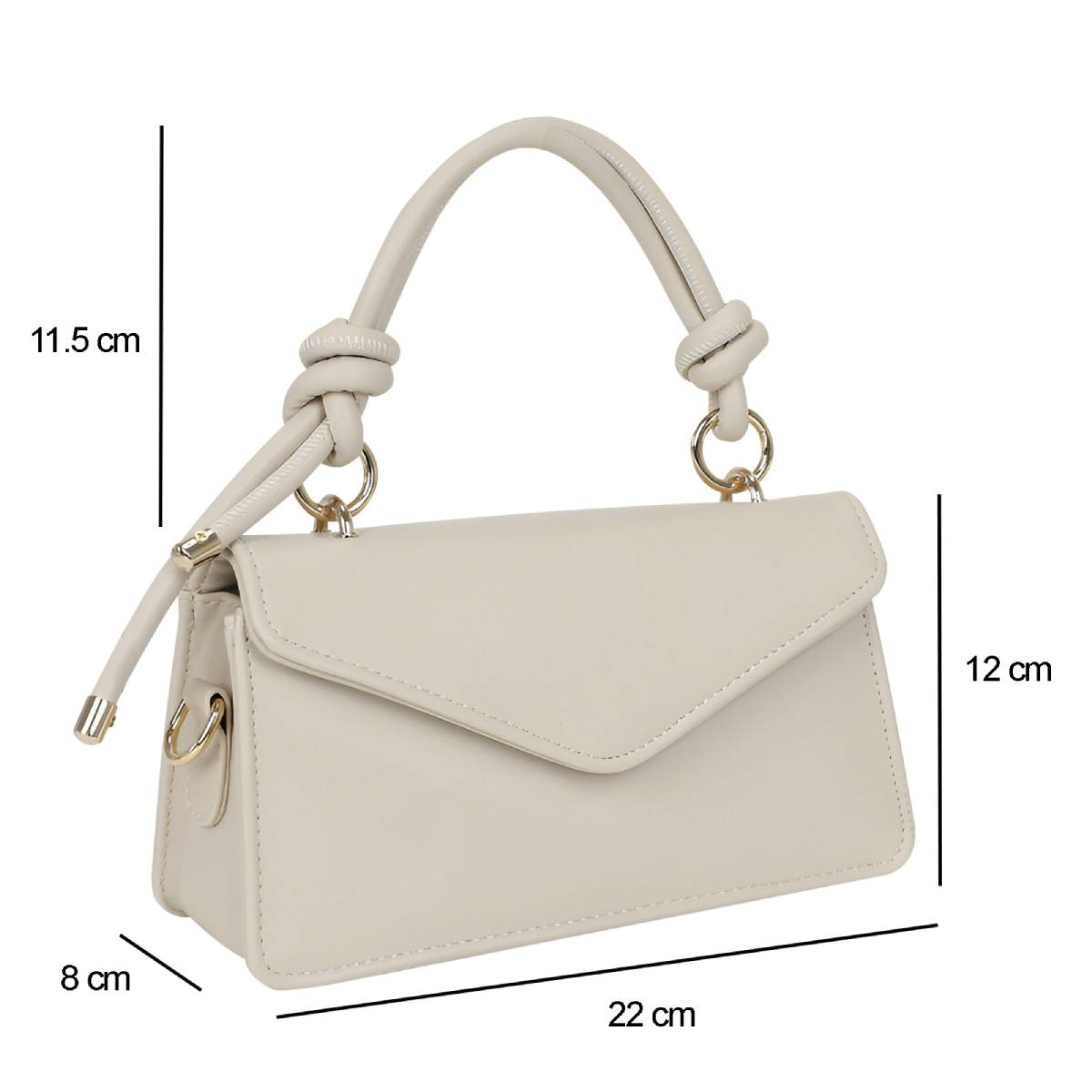 Cremefarbene Handtasche mit oberem Griff, Klappenverschluss und goldfarbener Hardware. Maße: 22x12x8 cm, Griffhöhe 11,5 cm.