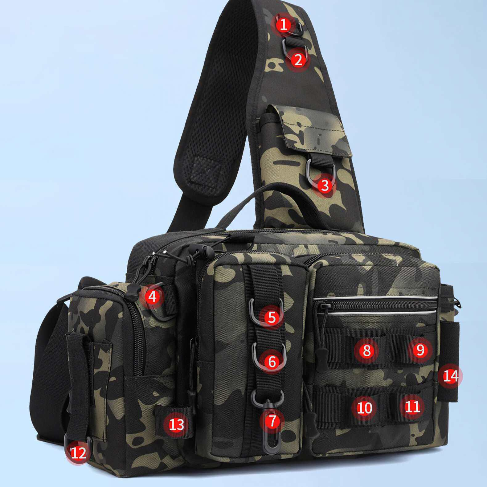 Tarnfarbene Umhängetasche mit mehreren Taschen, Clips und einem gepolsterten Gurt. Ideal für Outdoor-Aktivitäten.