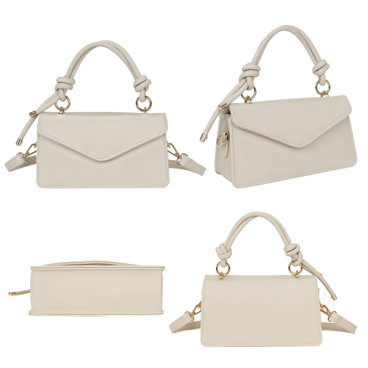 Vier Ansichten einer cremefarbenen Handtasche mit oberem Griff und Schulterriemen. Die Tasche hat einen Klappenverschluss und goldene Beschläge.