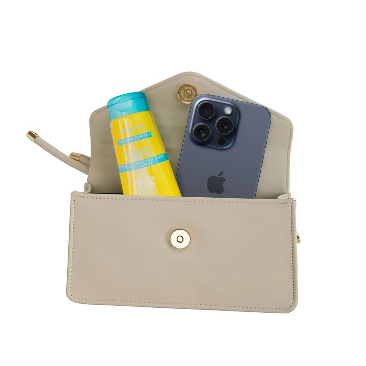 Eine beige Handtasche mit einem Telefon und einer gelben Tube. Das Telefon ist dunkelblau und die Tube hat blaue und gelbe Farben.