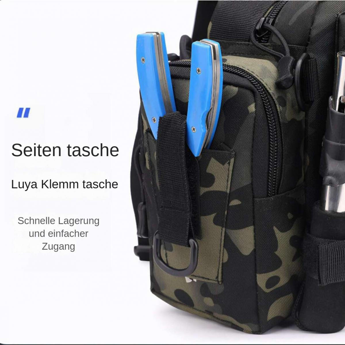 Nahaufnahme zeigt Camouflage-Tasche mit zwei blauen Werkzeugen in einer Tasche. Deutscher Text beschreibt die Eigenschaften.