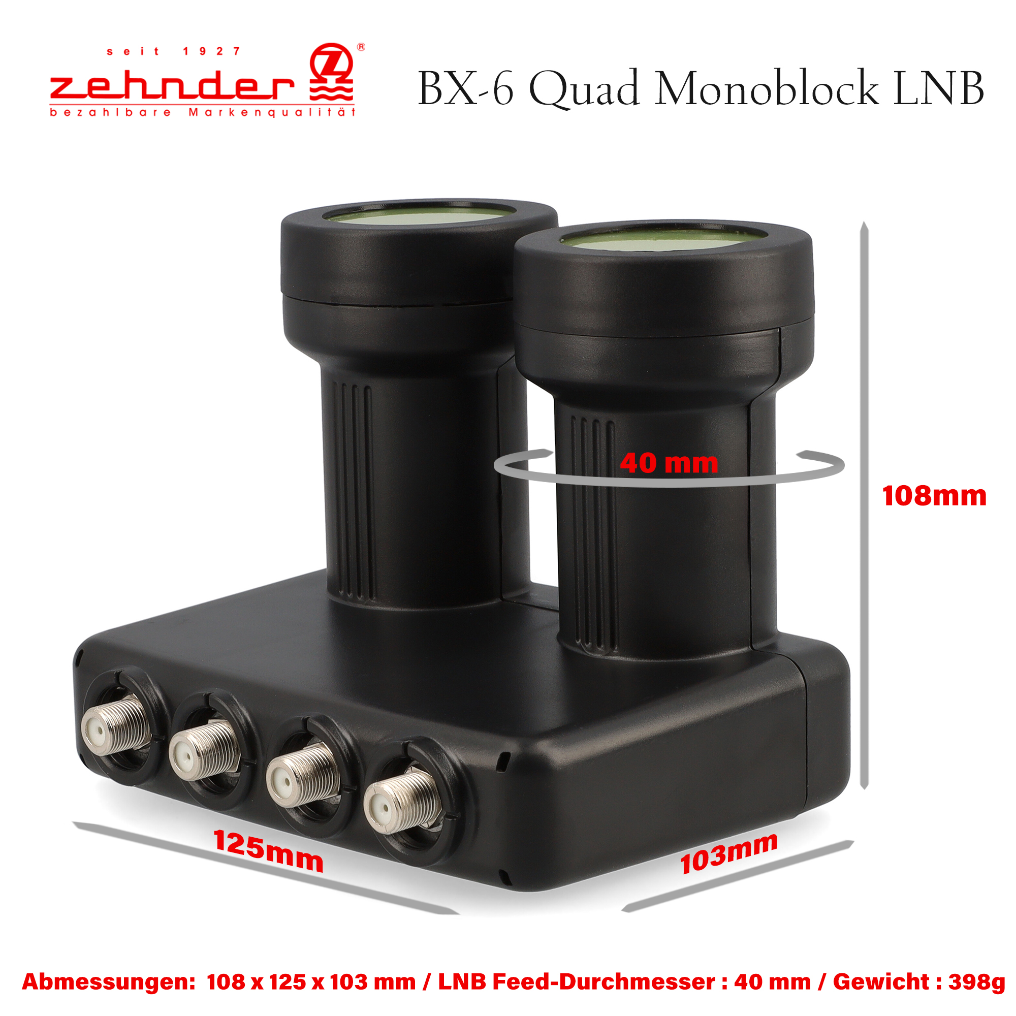 Ein schwarzes BX-6 Quad Monoblock LNB mit angegebenen Abmessungen (108mm, 125mm, 103mm). Das Logo ist sichtbar.