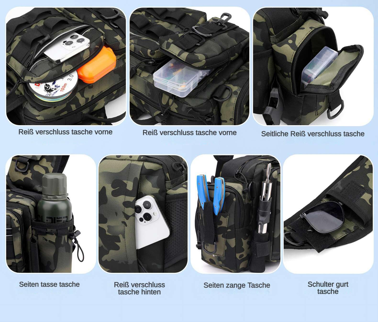 Ein Tarnrucksack mit mehreren Fächern. Zu den Inhalten gehören ein Telefon, Angelschnur und ein orangefarbener Behälter. Zubehör ist sichtbar.