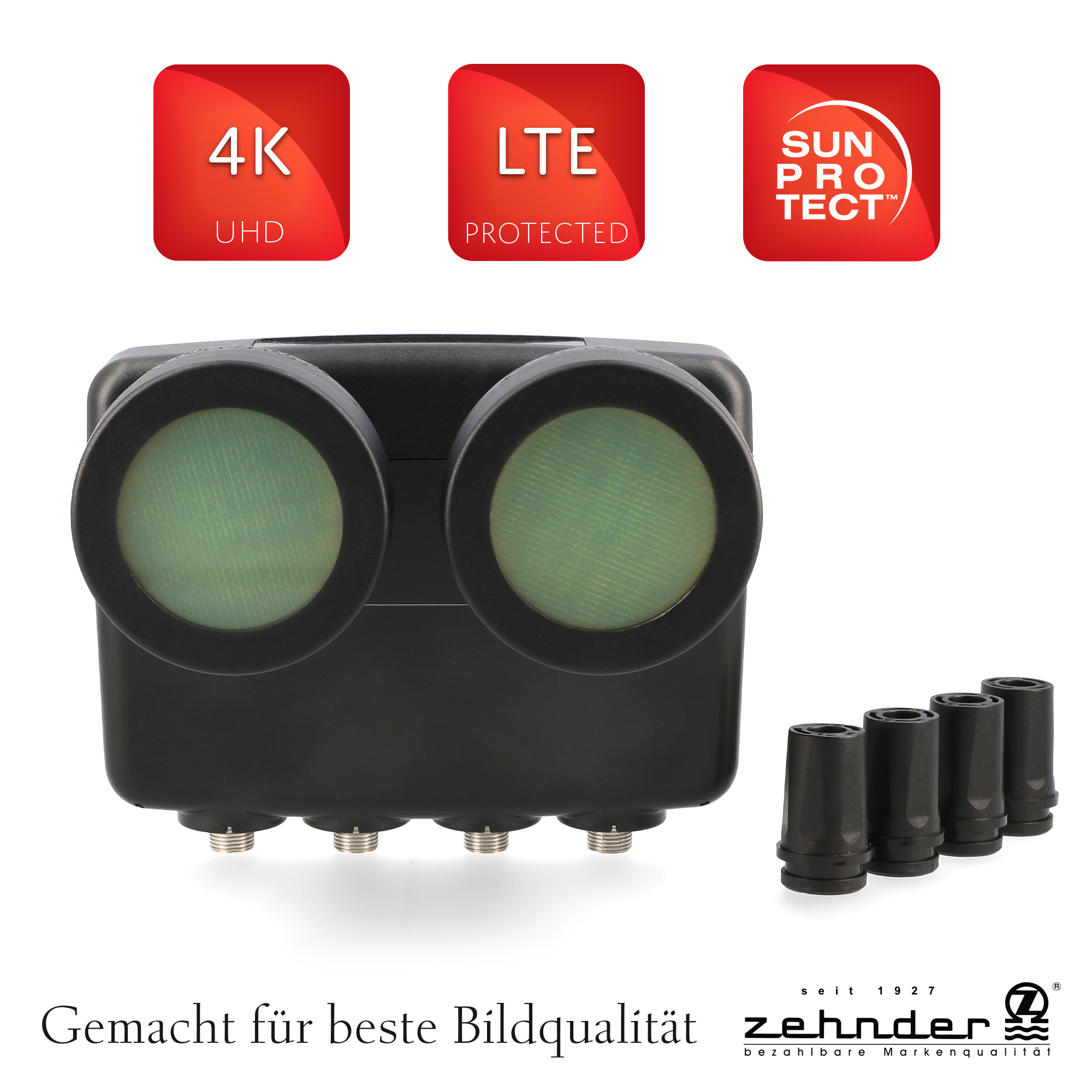 Ein schwarzes Gerät mit zwei Linsen, roten 4K-, LTE- und Sun Protect-Symbolen und vier schwarzen Kappen.