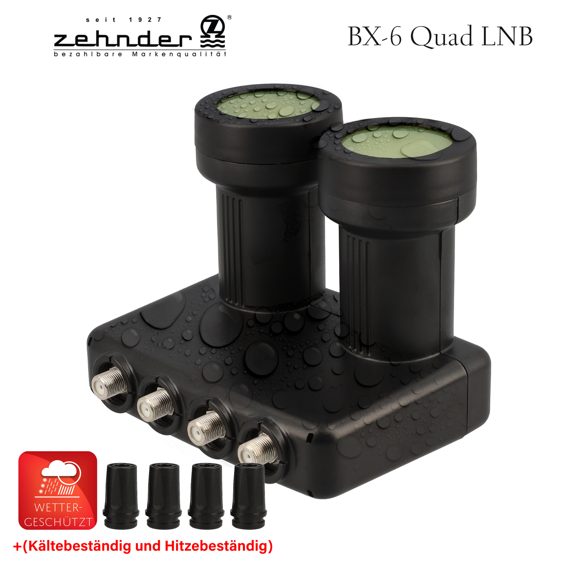 Schwarzes BX-6 Quad LNB mit vier Anschlüssen, einem Logo und einem wetterfesten Symbol.