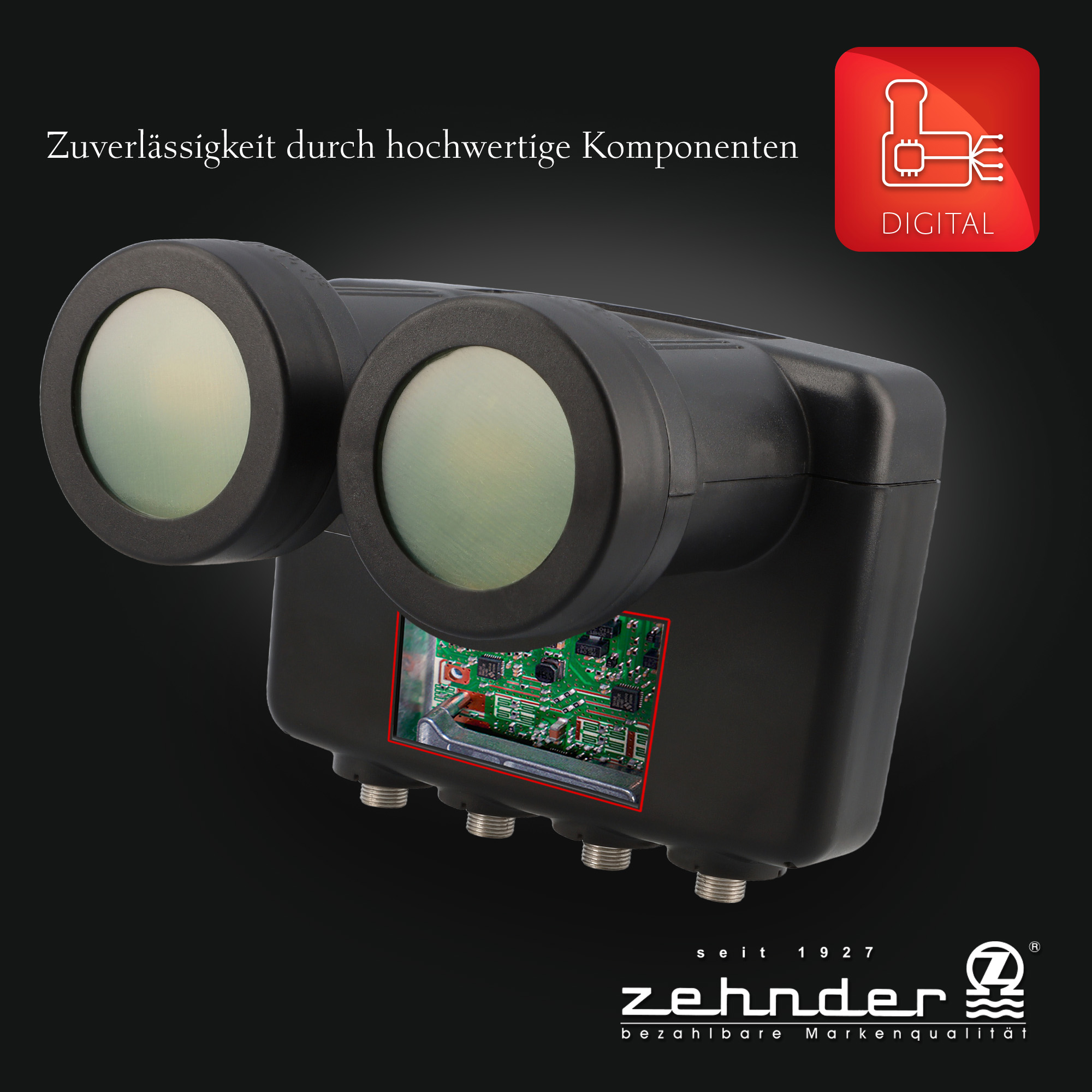 Schwarzes Gerät mit zwei Linsen, Digital-Logo und Leiterplattendetail. Text: Zuverlässigkeit durch hochwertige Komponenten.