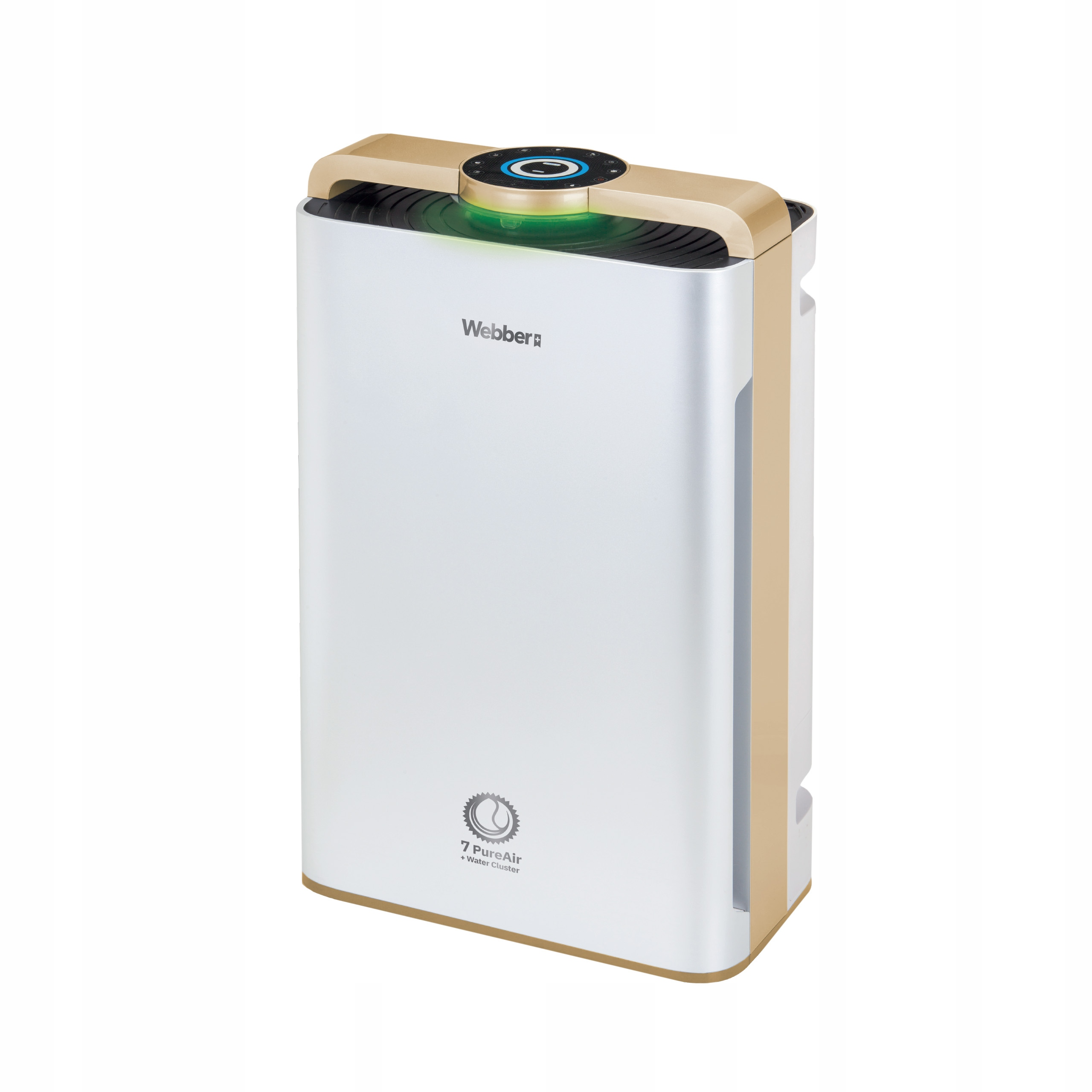 Oczyszczacz powietrza w białym i złotym kolorze. Posiada panel sterowania u góry, z marką Webber.