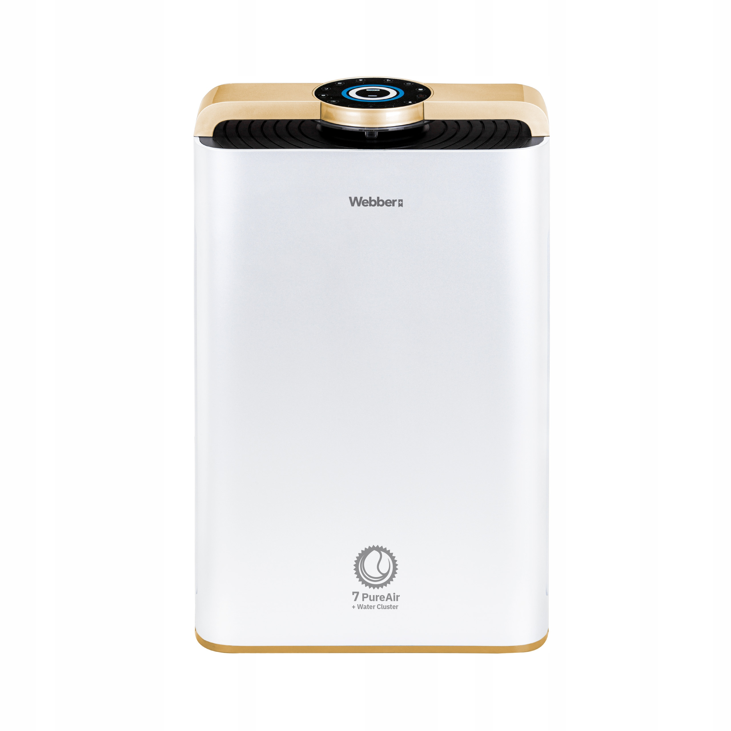 Oczyszczacz powietrza. Biały korpus, złoty wierzch, panel sterowania i logo 7 PureAir.