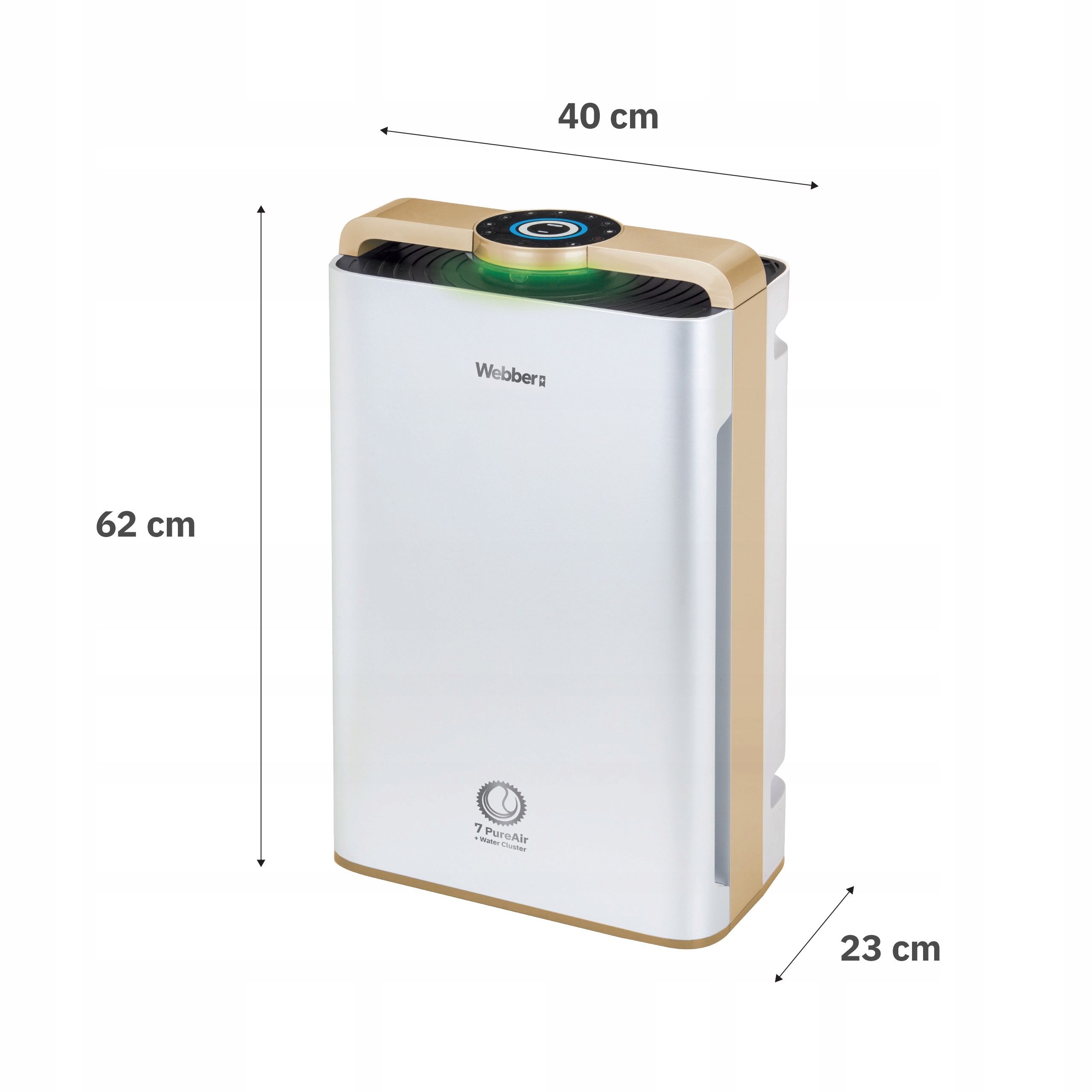 Oczyszczacz powietrza. Biała obudowa ze złotymi wykończeniami i górą. Wymiary: 62x40x23 cm. Marka Webber.