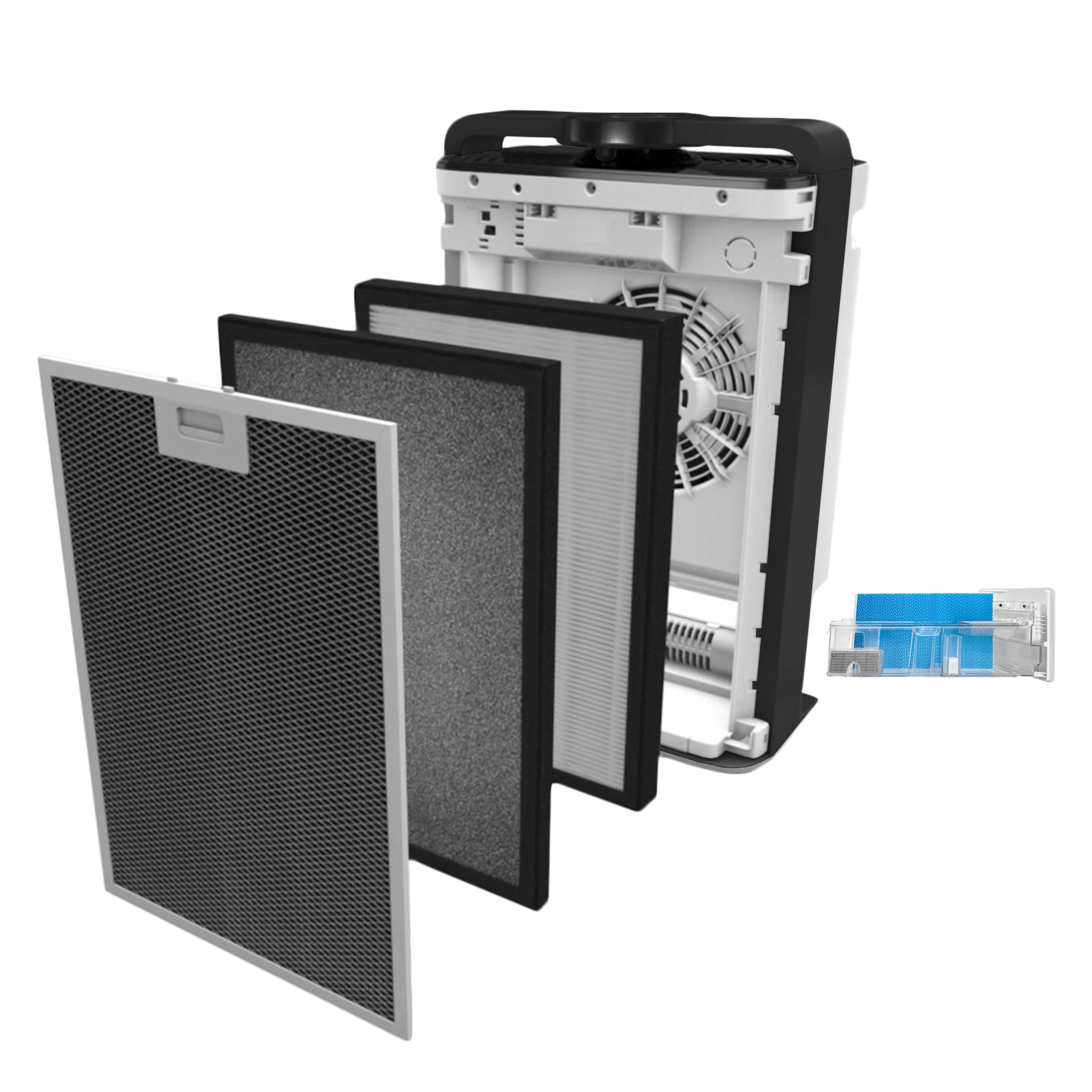 Oczyszczacz powietrza pokazuje swoje filtry. Od lewej: siatka, węgiel, filtr HEPA. Urządzenie jest czarno-białe.