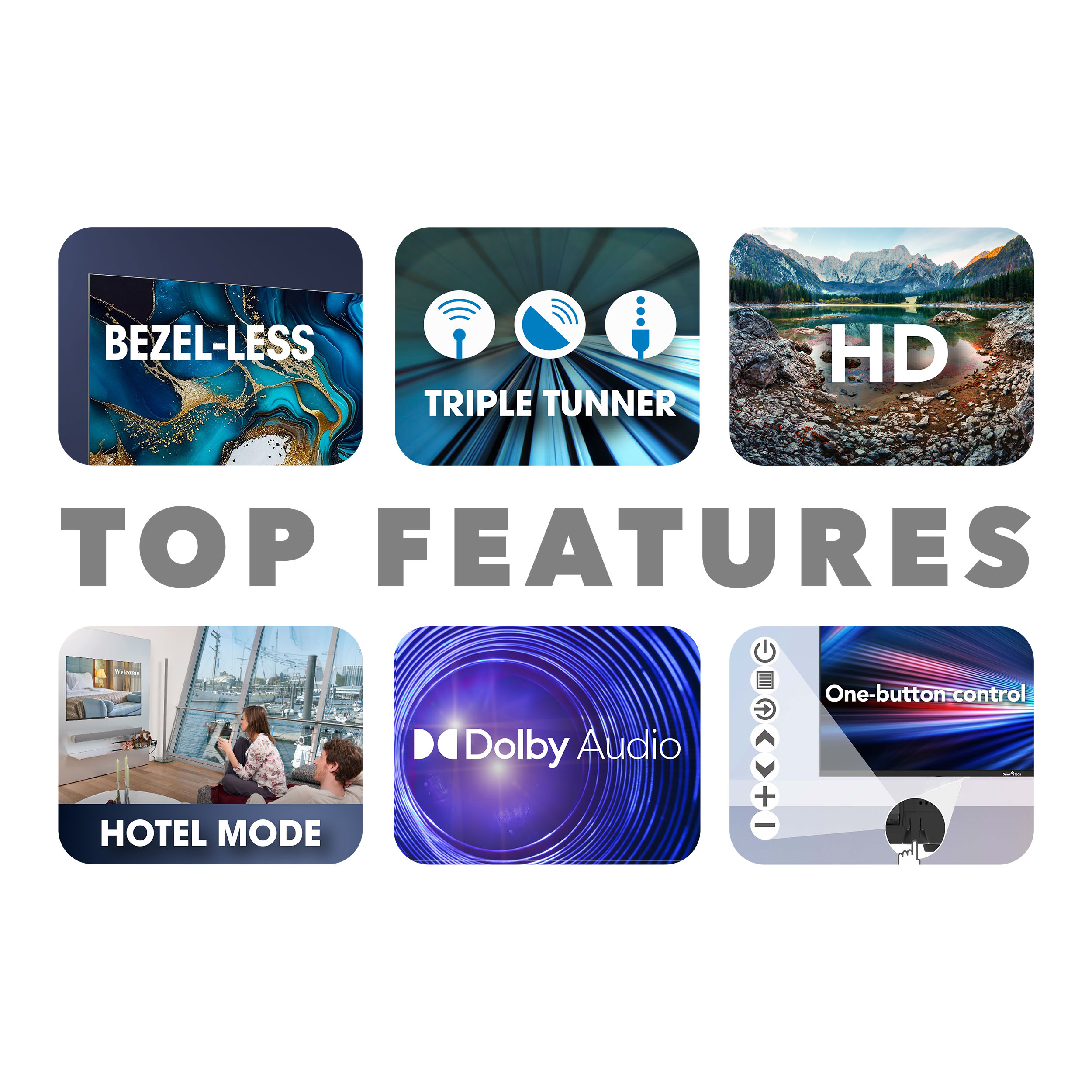 Bild mit sechs Symbolen: Rahmenlos, Triple Tuner, HD, Hotelmodus, Dolby Audio und Ein-Knopf-Steuerung auf weißem Hintergrund.