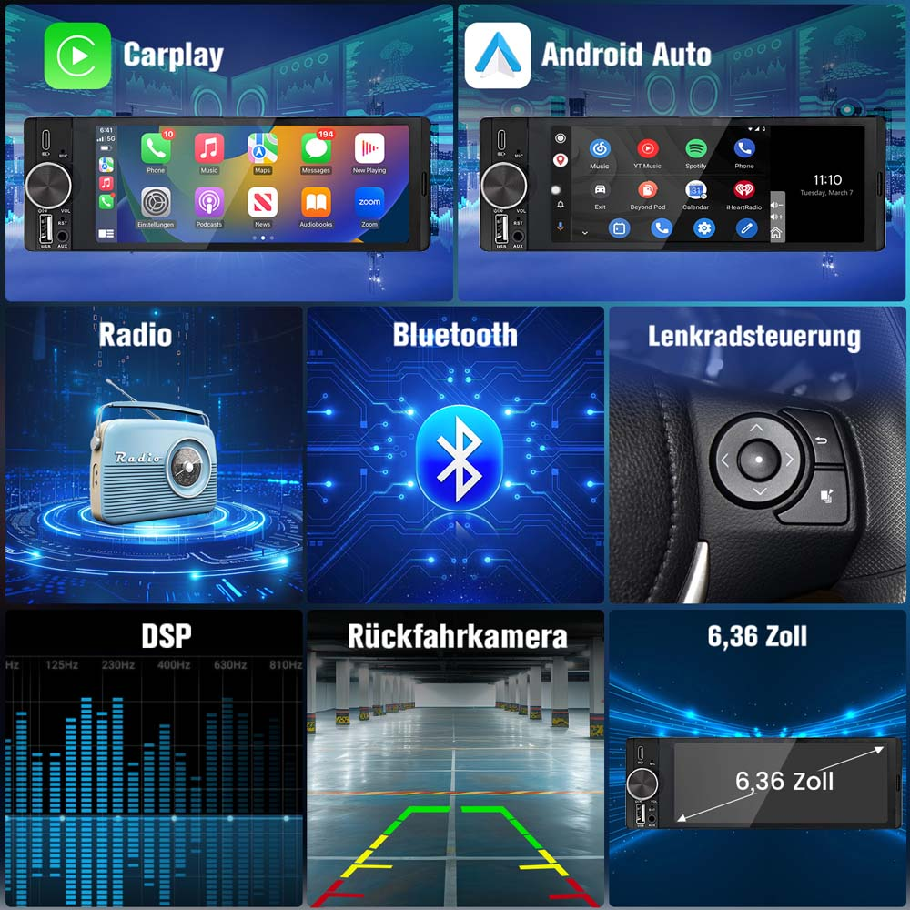 Carplay und Android Auto, Radio, Bluetooth-Symbol, Lenkradsteuerung, DSP, Rückfahrkamera und 6,36-Zoll-Bildschirm.