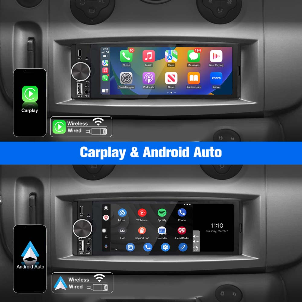 Carplay- und Android Auto-Autoradio, das Telefon-Apps auf dem Bildschirm und drahtlose Konnektivitätsoptionen zeigt.