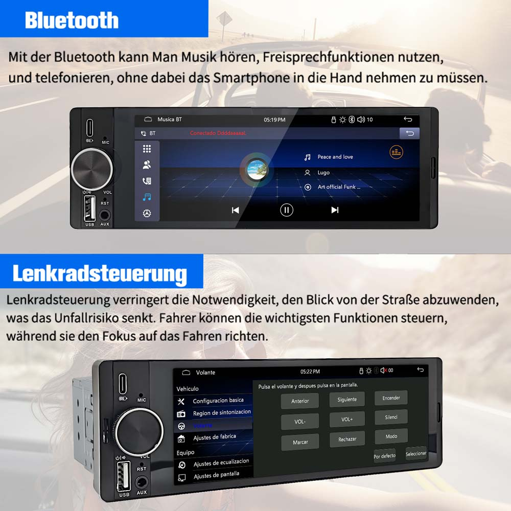 Autoradio mit Bluetooth und Lenkradsteuerung. Zeigt Musikinfo und Einstellungsoptionen auf dem Bildschirm an.