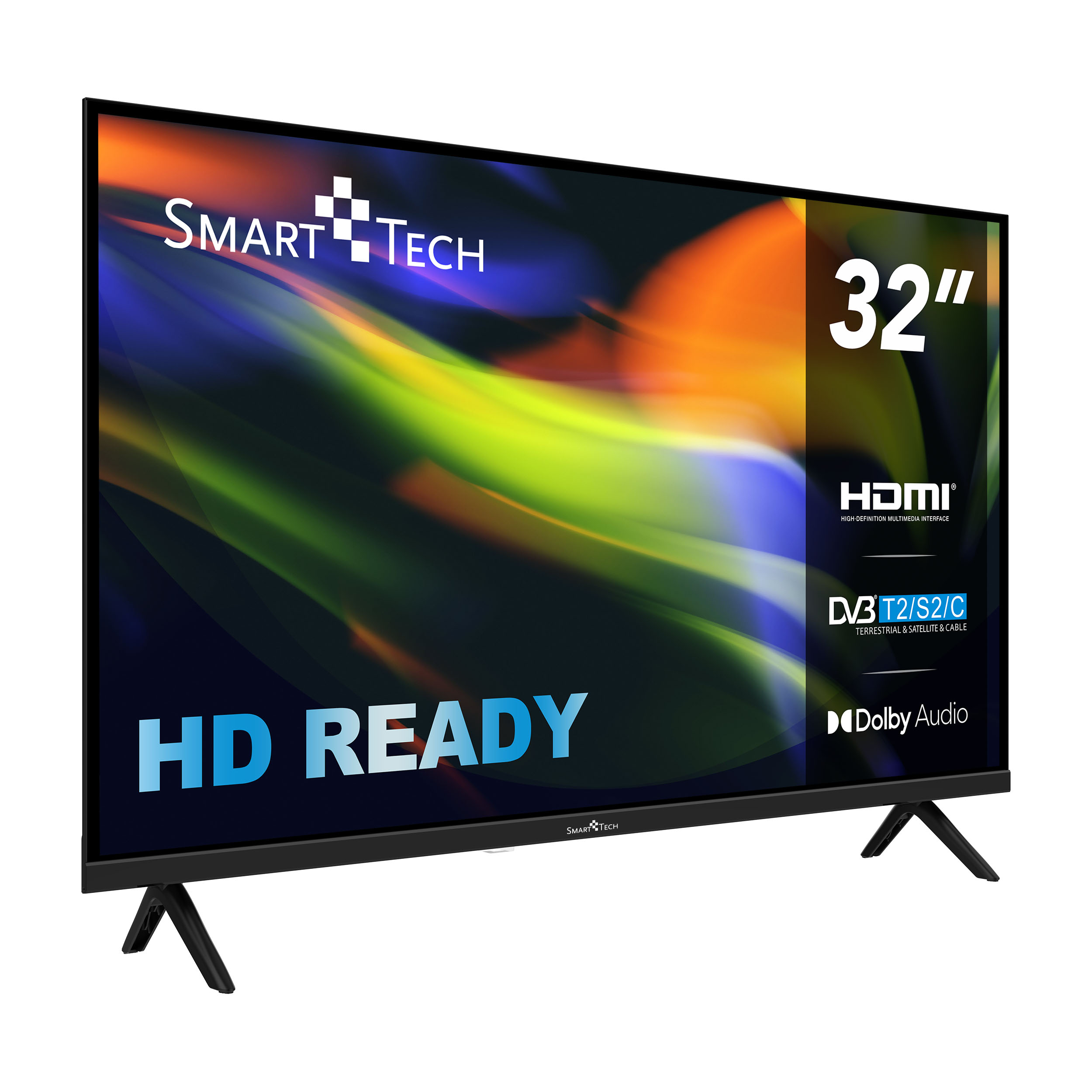 Ein 32-Zoll-HD-Ready-Fernseher von Smart Tech. Mit HDMI, DVB und Dolby Audio. Schwarzer Rahmen mit schwarzen Beinen.