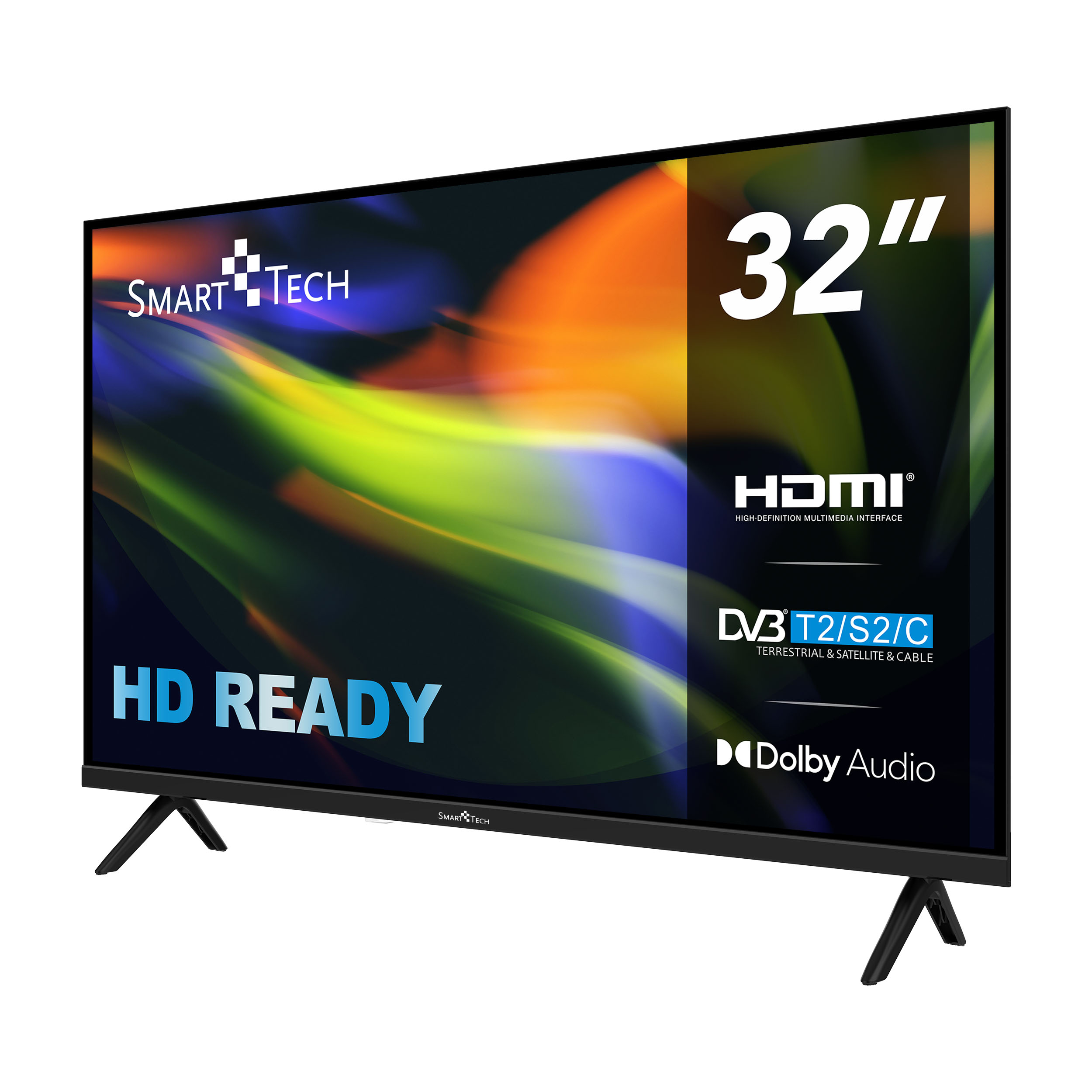 Ein 32" Smart Tech HD Ready TV. Mit HDMI, DVB und Dolby Audio. Schwarzer Rahmen und Ständer. Bunter Bildschirm.