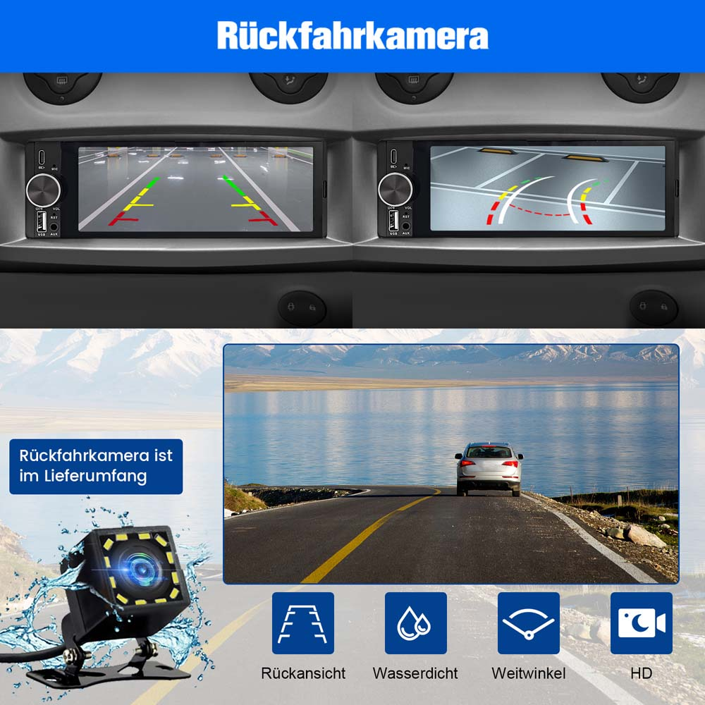 Rückfahrkamera-System, zeigt Bildschirme, eine Rückfahrkamera und Symbole. Ein Auto fährt auf einer Straße in der Nähe eines Sees.