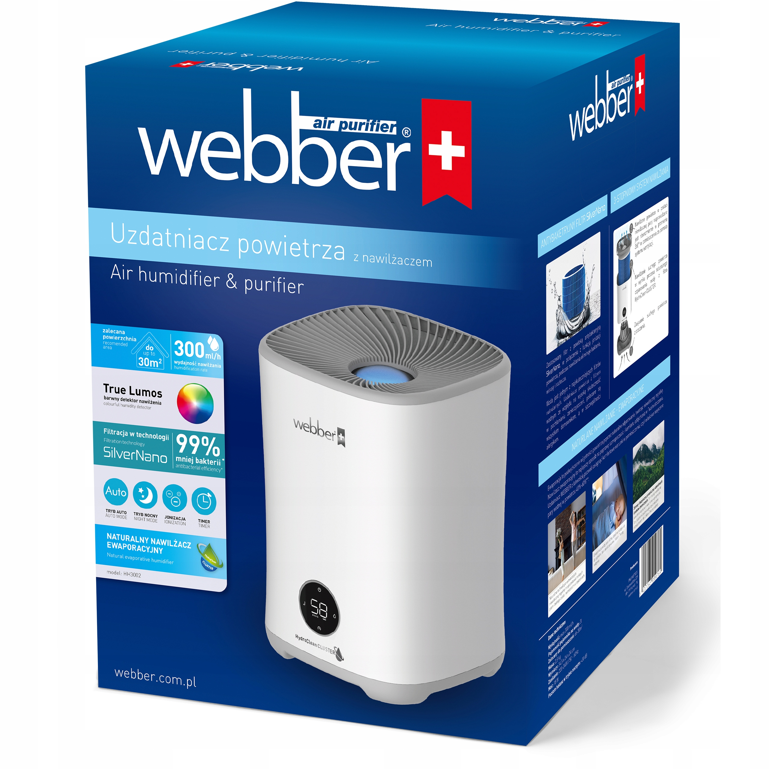 Białe pudełko oczyszczacza powietrza z logo 'webber' i czerwonym krzyżem. Zawiera tekst polski.