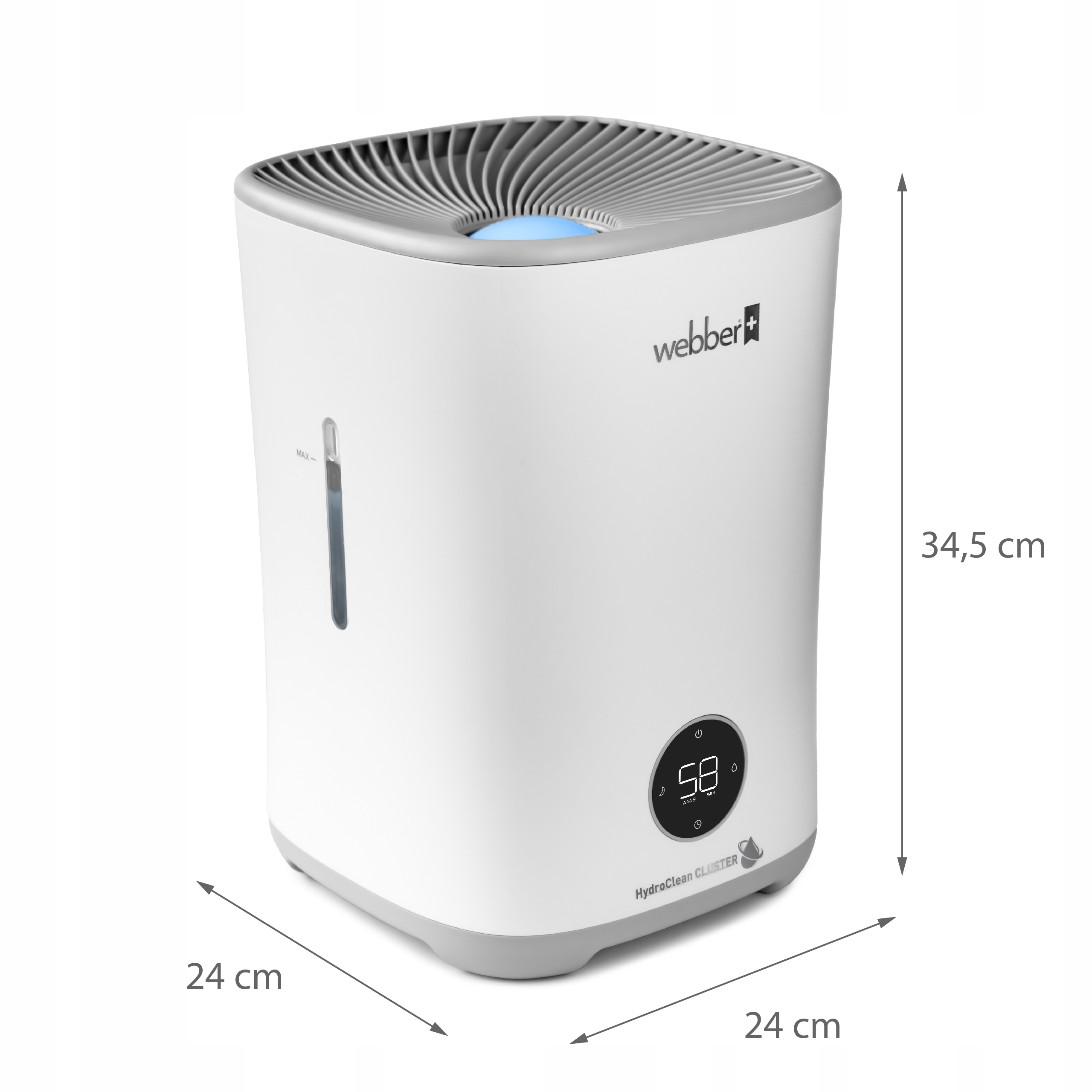 Biały nawilżacz z cyfrowym wyświetlaczem. Ma szarą górę i podstawę, z wymiarami.