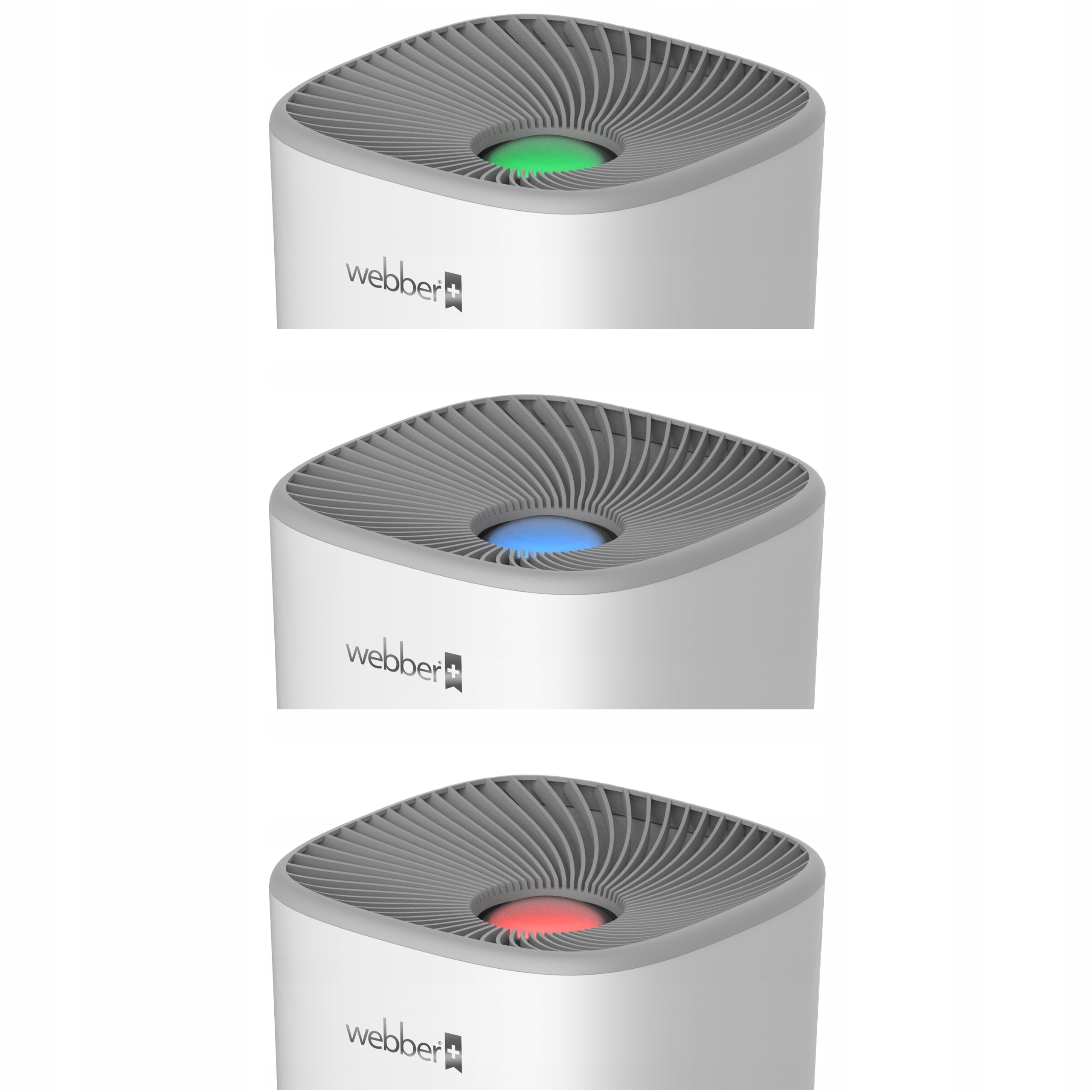 Trzy zdjęcia oczyszczacza powietrza z białą obudową i szarym blatem. Światło na górze jest zielone, niebieskie i czerwone.