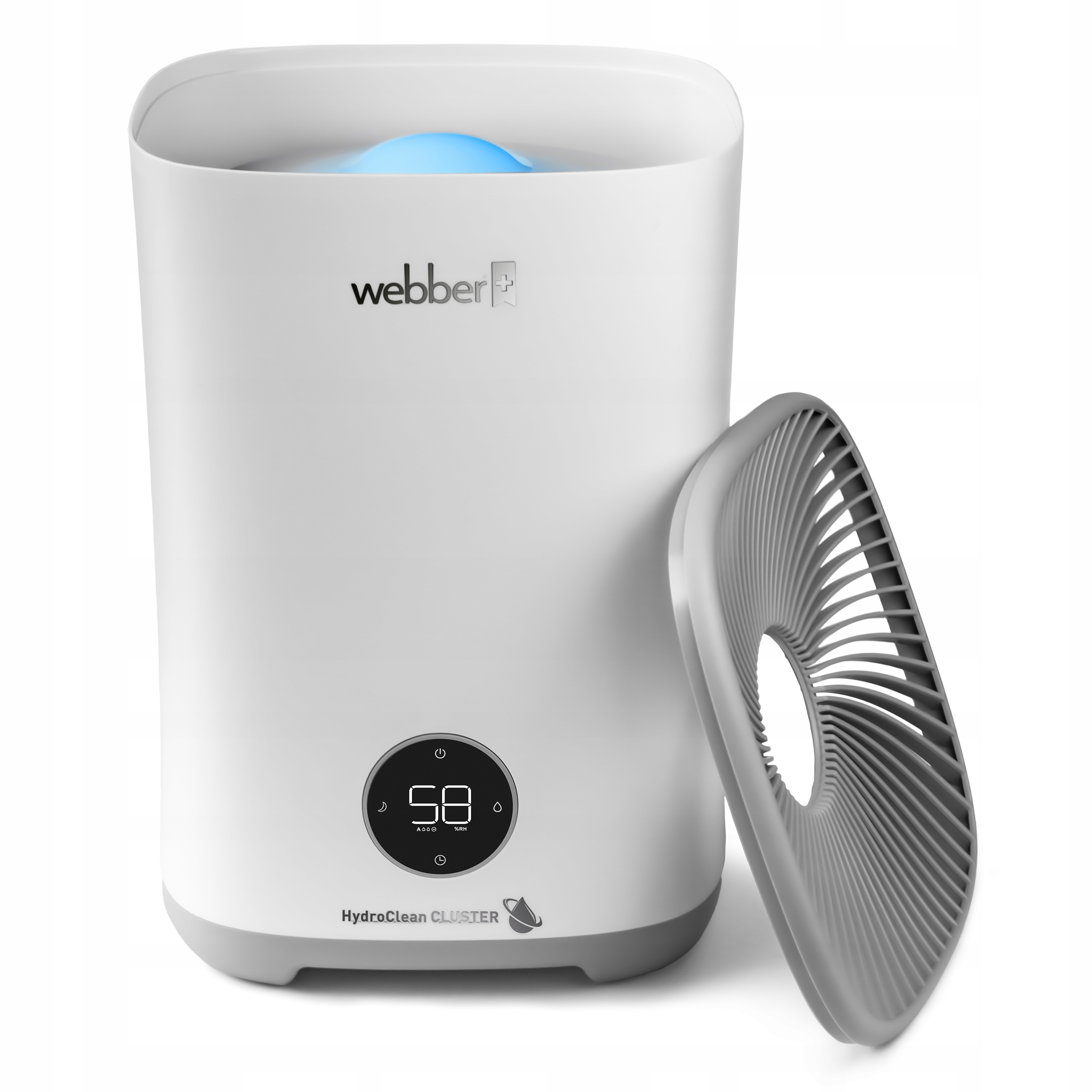 Biały oczyszczacz powietrza HydroClean z otwartą szarą pokrywą i cyfrowym wyświetlaczem '58'.
