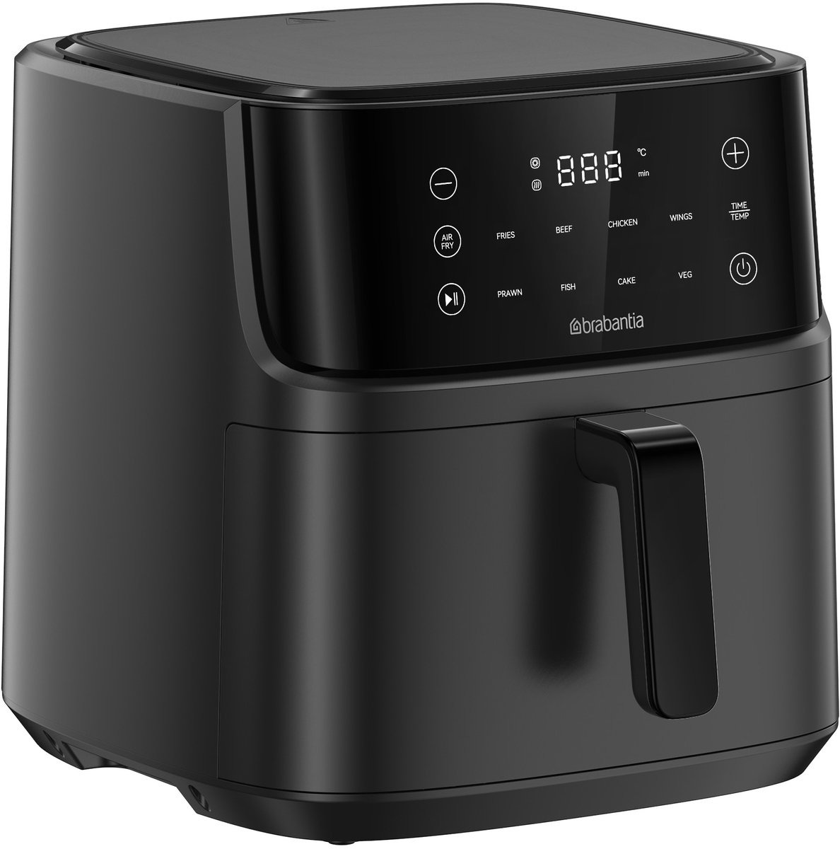 A black air fryer with a digital display showing settings. It has a handle and buttons for various cooking options.