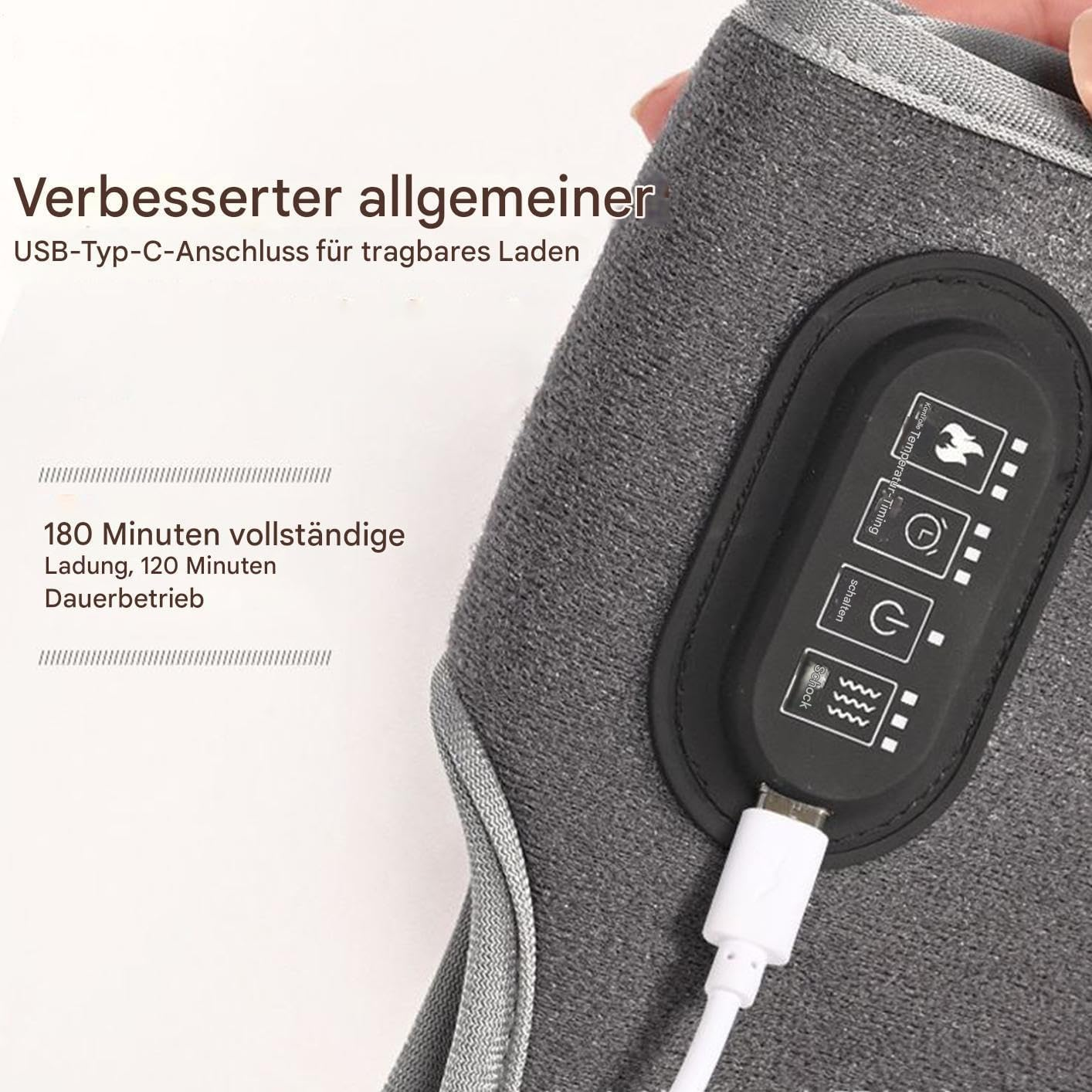 Graues Gerät mit schwarzem Bedienfeld und weißem USB-C-Kabel. Text auf Deutsch zeigt Lade- und Nutzungszeiten.
