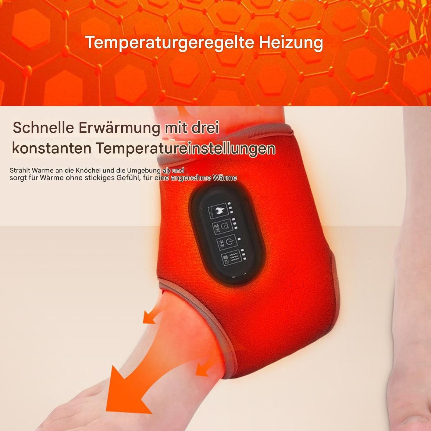 Eine rote, beheizte Knöchelbandage mit Bedienfeld wird an einem Fuß gezeigt. Orangefarbene Pfeile zeigen die Wärmeabstrahlung.